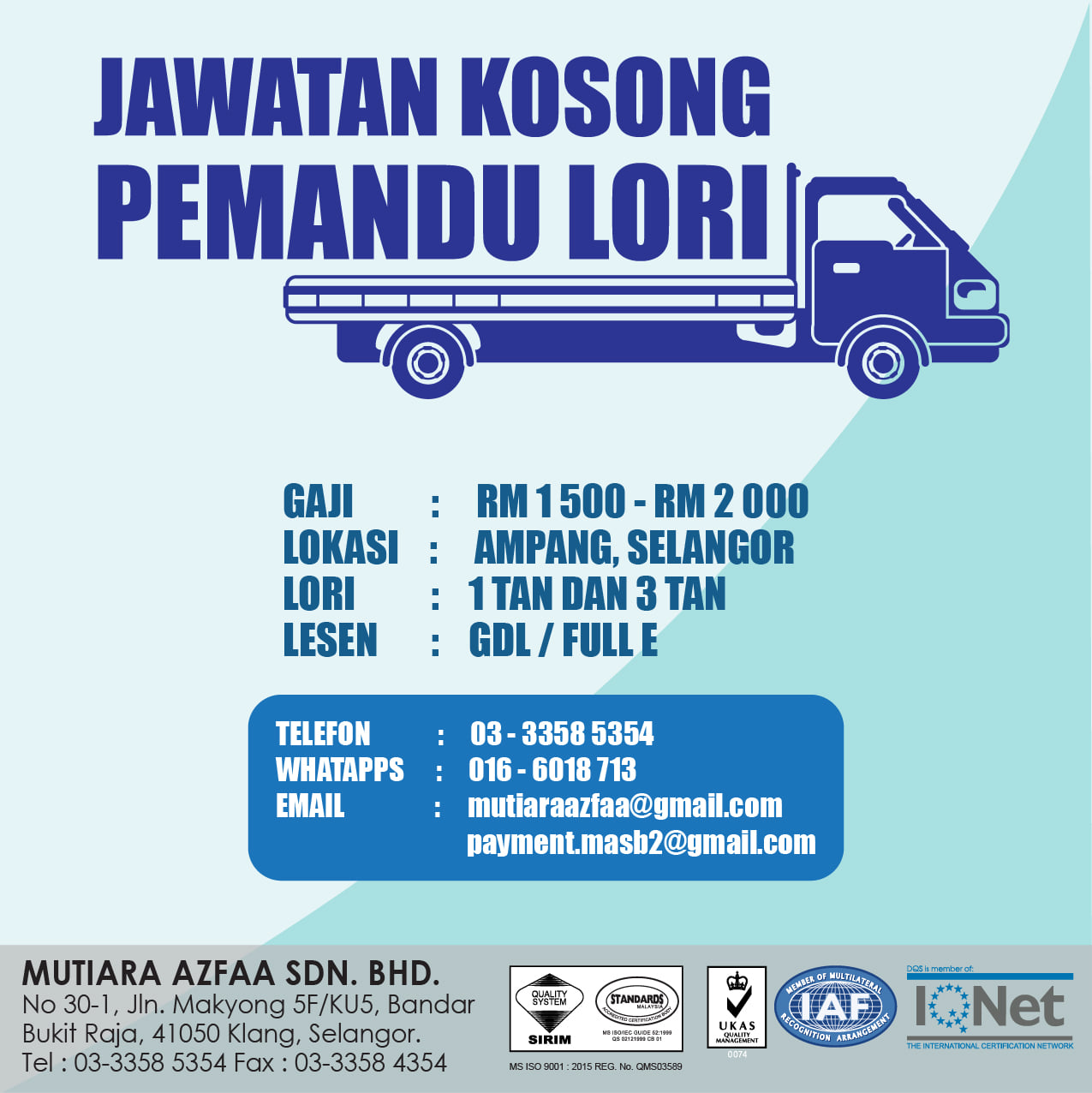 Sewa Tong Roro Dan Construction Klang Shah Alam Sungai Buloh Jawatan Kosong Pemandu Lori Pemandu Lori 1 Tan Dan 3 Tan Mempunyai Lesen Memandu Gdl Full E