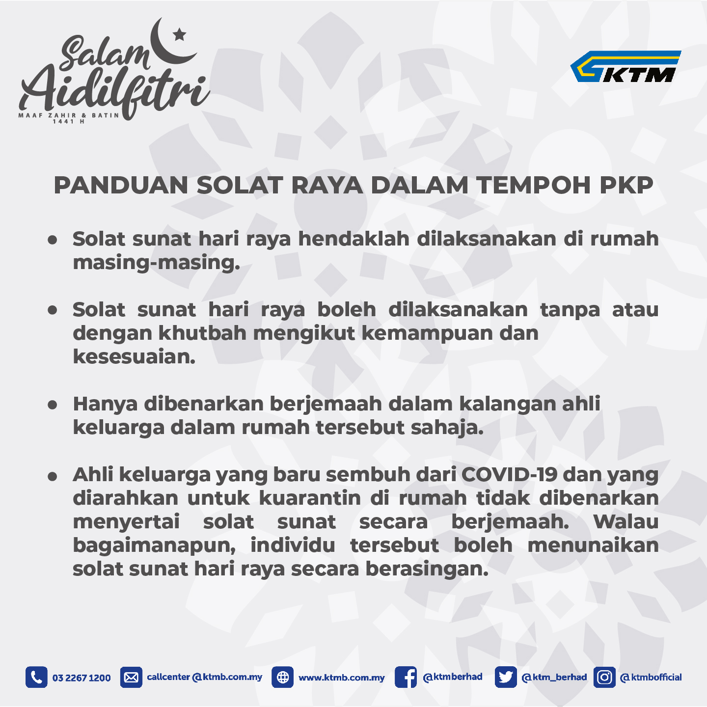 KTM Berhad - Panduan solat raya dalam tempoh PKP...