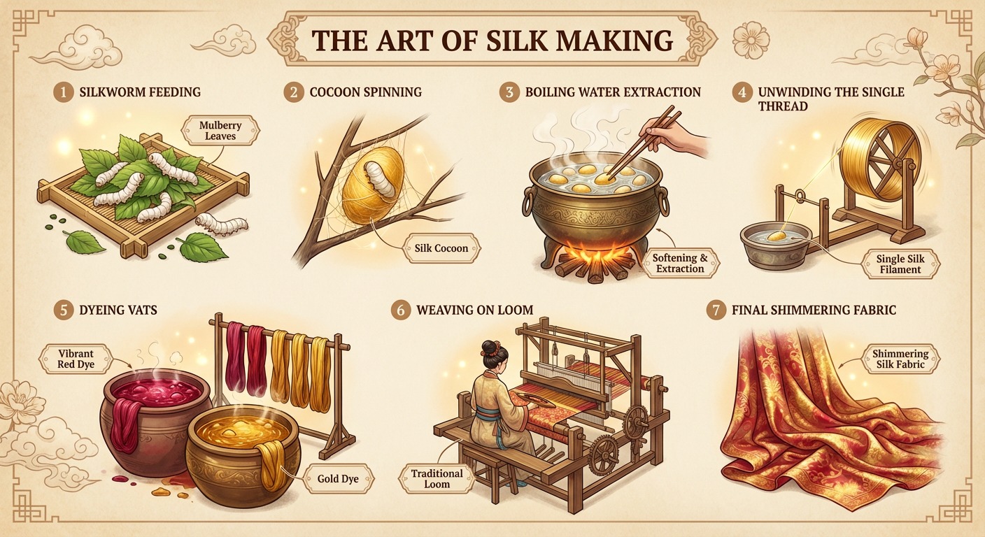 Giang - “Process diagram showing how silk fabric is made. Labeled steps ...
