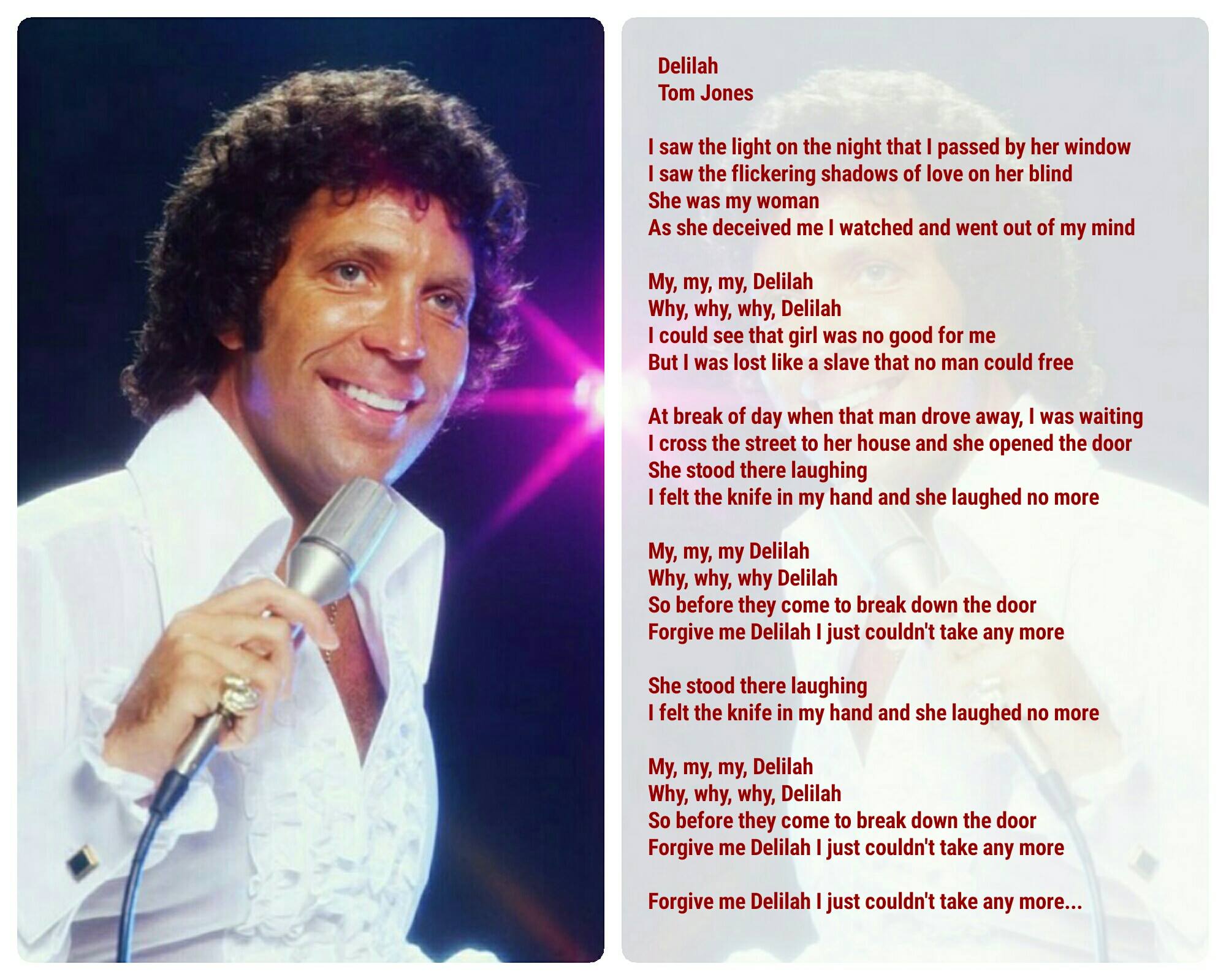Evergreen Songs Lyric - Tom Jones - Delilah https://en.m.wikipedia ...