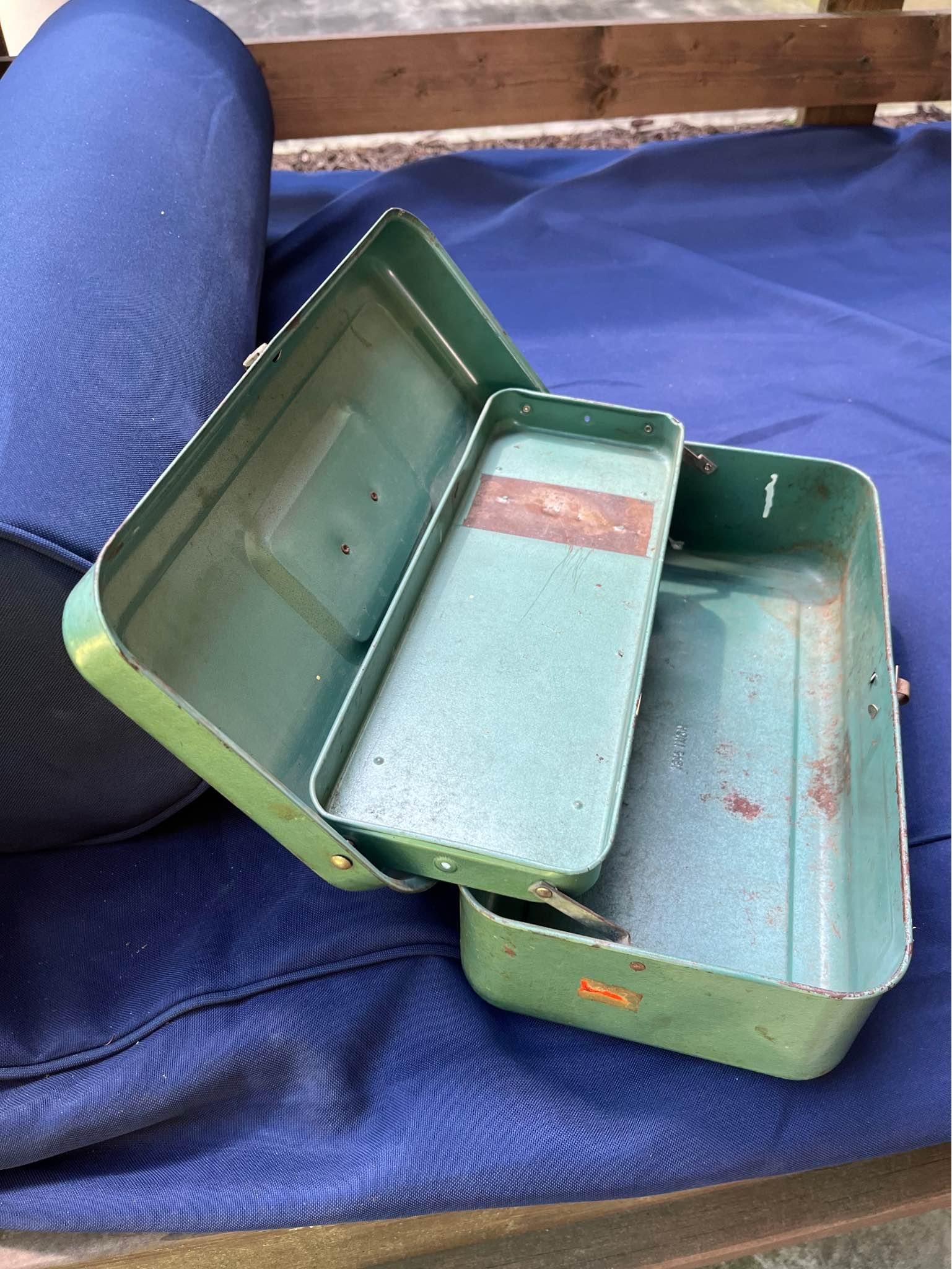 green metal tackle box Plano Three-Tray When the fish quit biting Antique Metal Tackle Box -