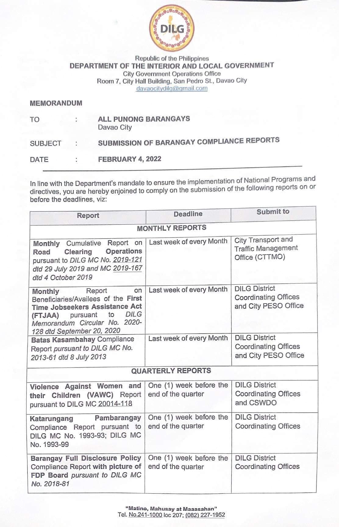 DILG Davao City - ATTENTION: ALL PUNONG BARANGAYS, Davao... | Facebook