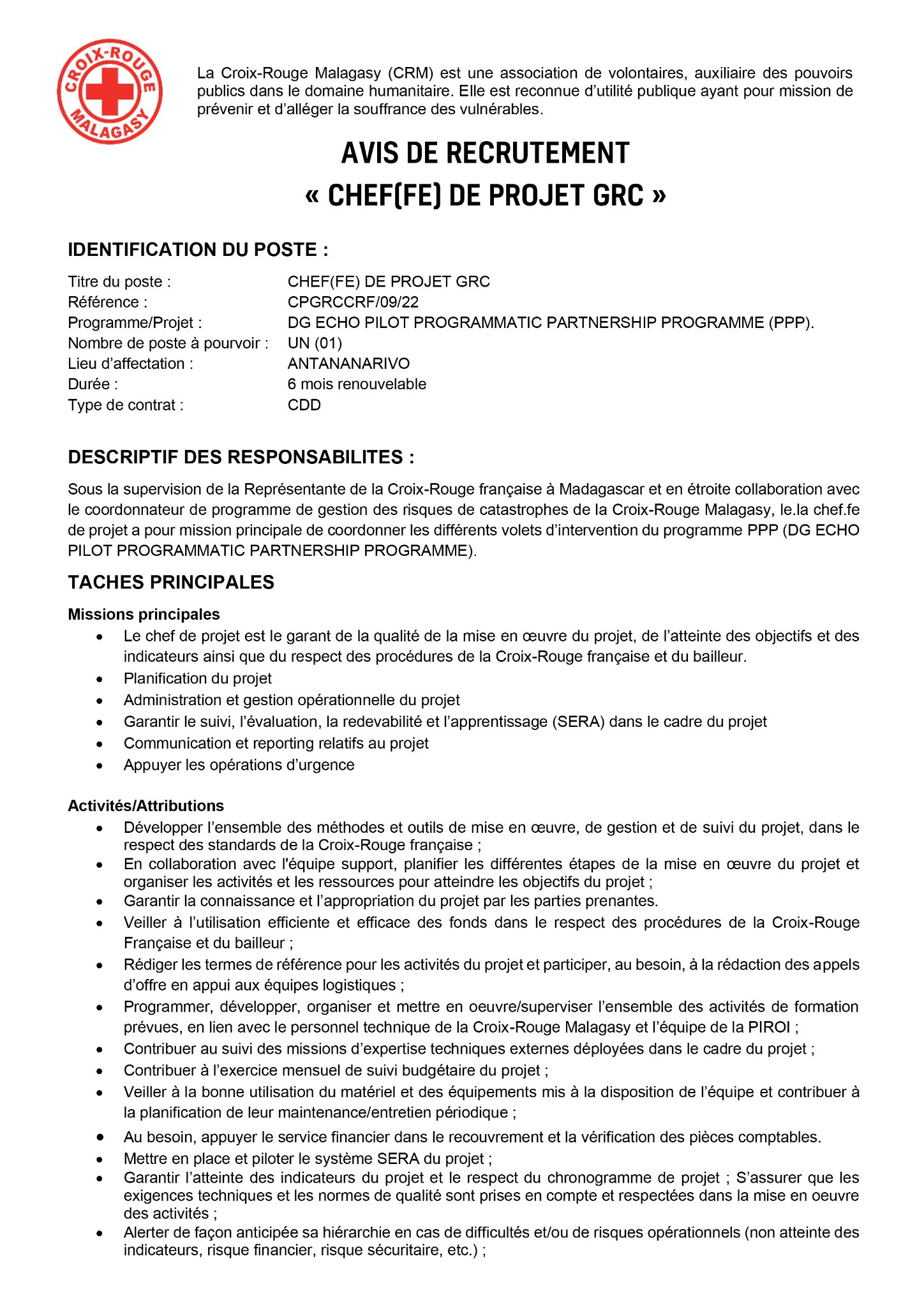 Croix-Rouge - AVIS DE RECRUTEMENT « CHEF(FE) DE PROJET GRC ...