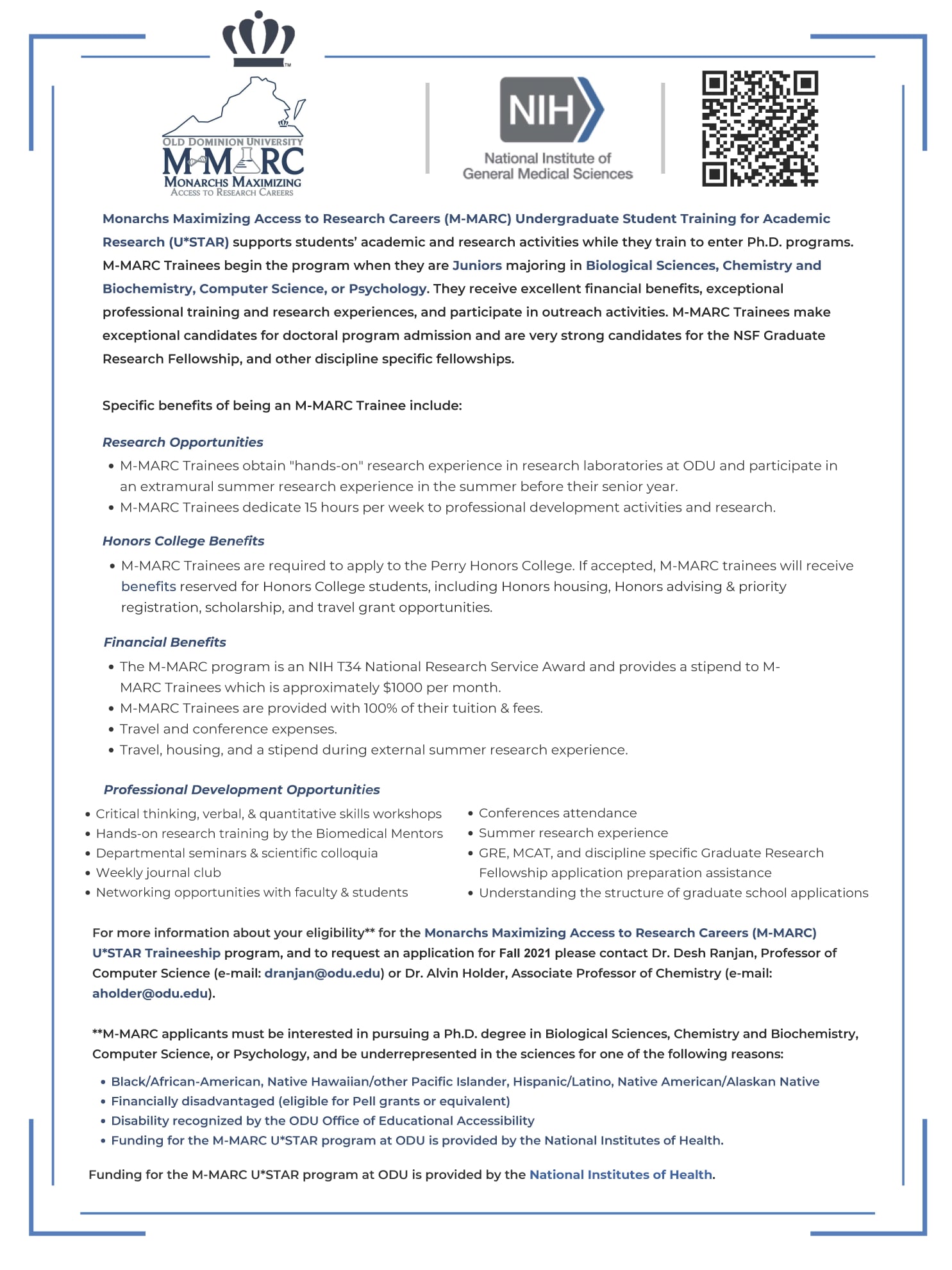 The ODU M-MARC program funds undergraduate Juniors and Seniors, who ...