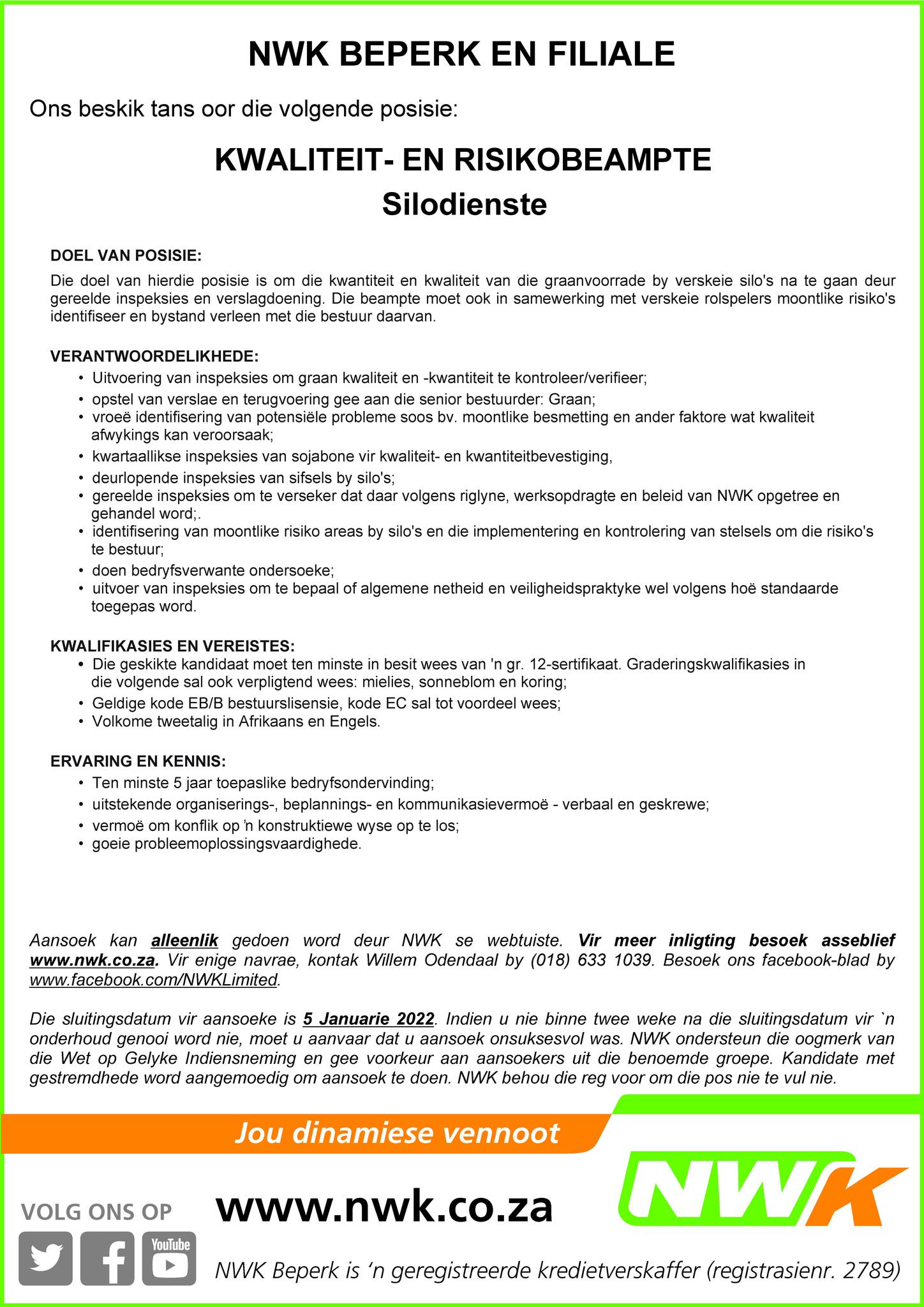 NWK Limited - NWK het die volgende vakante pos beskikbaar.... | Facebook