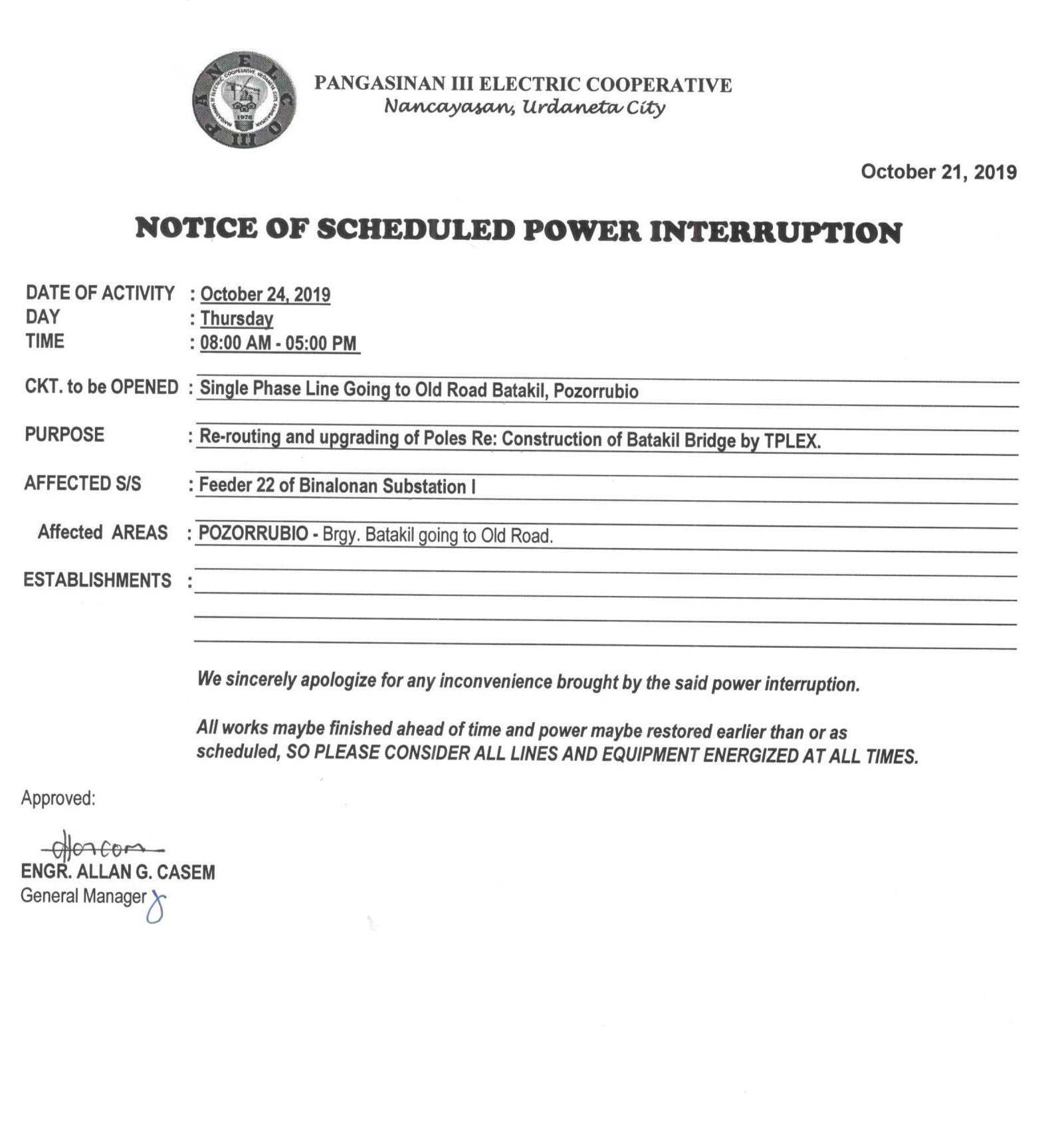 PANELCO - NOTICE OF POWER INTERRUPTION DATE: October 24, 2019 (Thursday ...