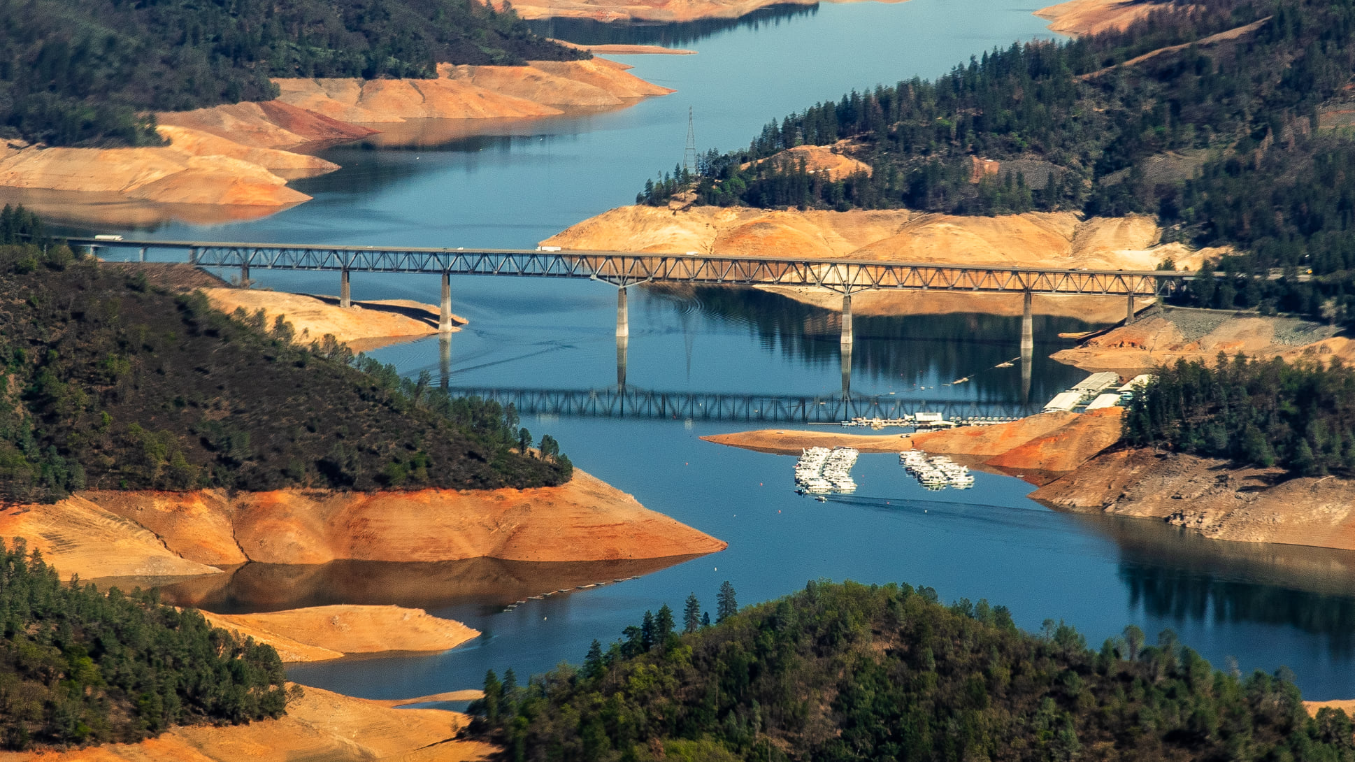 Pit River Bridge aerial 1948 over Shasta Lake, Highway 99 now I - 5.