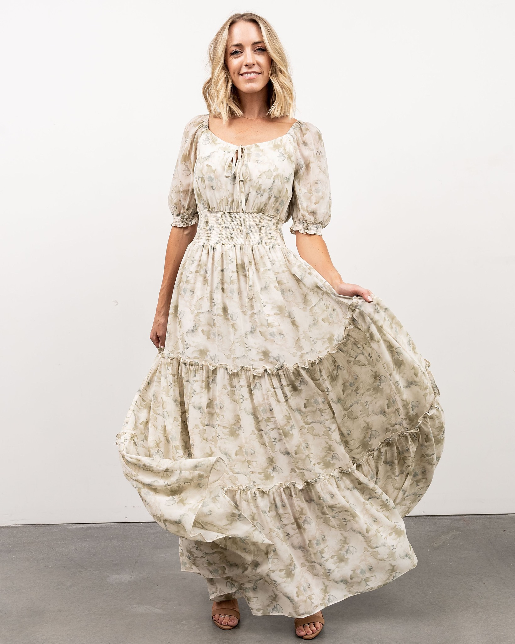white dress with ruffles Evalyn Tiered Ruffle Maxi • Shop American Threads Women's Trendy Online Boutique / L The Matilde Ruffle Detail NPU-Trichea-202437 Color:Black and Burgundy 12 Famous Fashion Designers