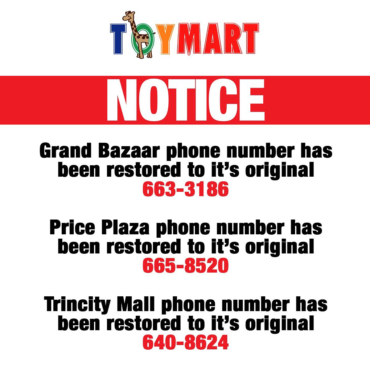 Toymart - Our original store numbers has been restored for...