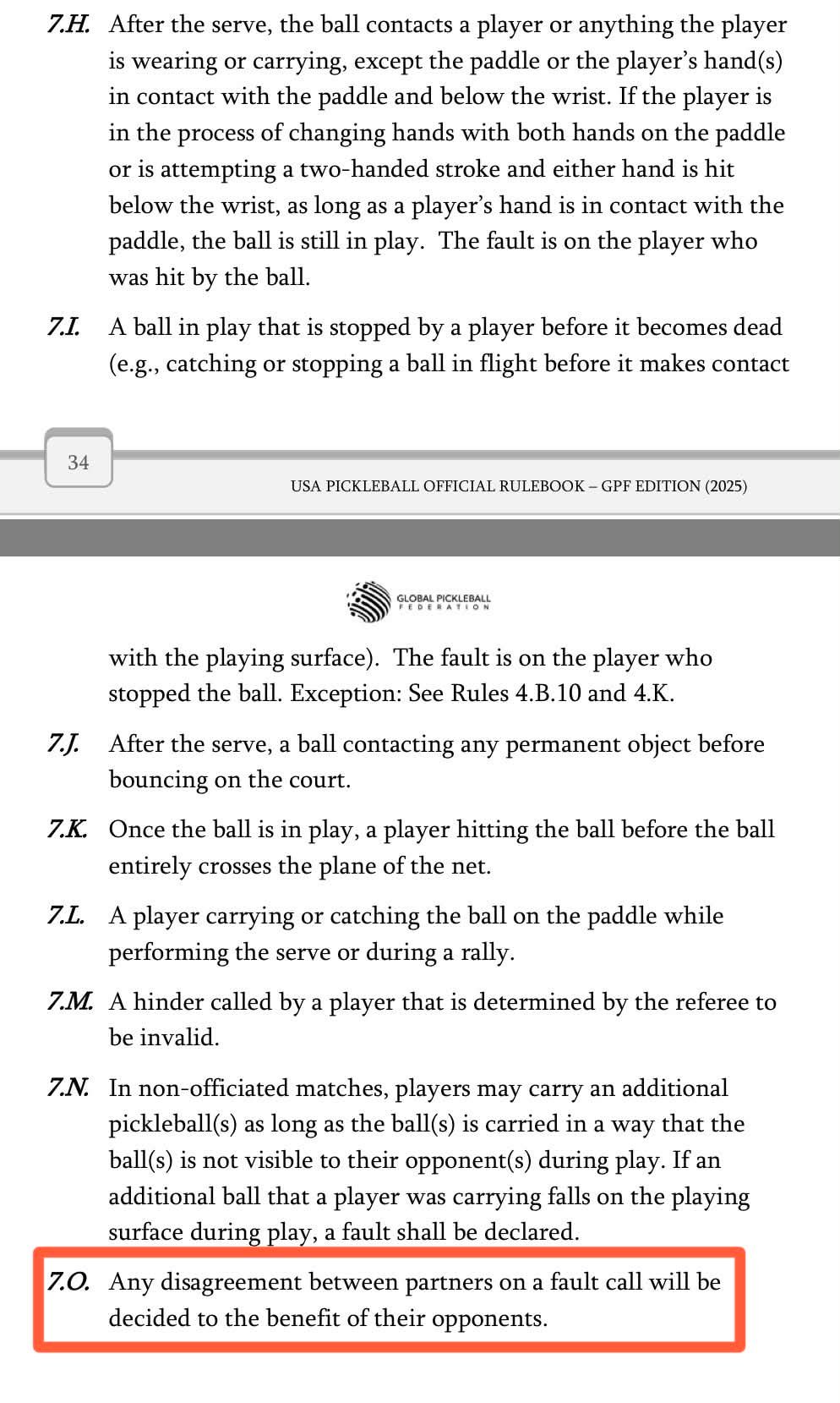 What changes were made to rule 7.0 in the 2025 pickleball rulebook?