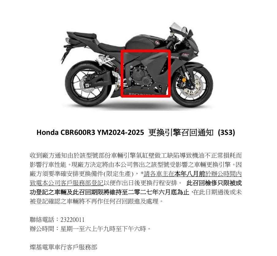 Honda engine recall for CBR600RR models due to oil consumption issues