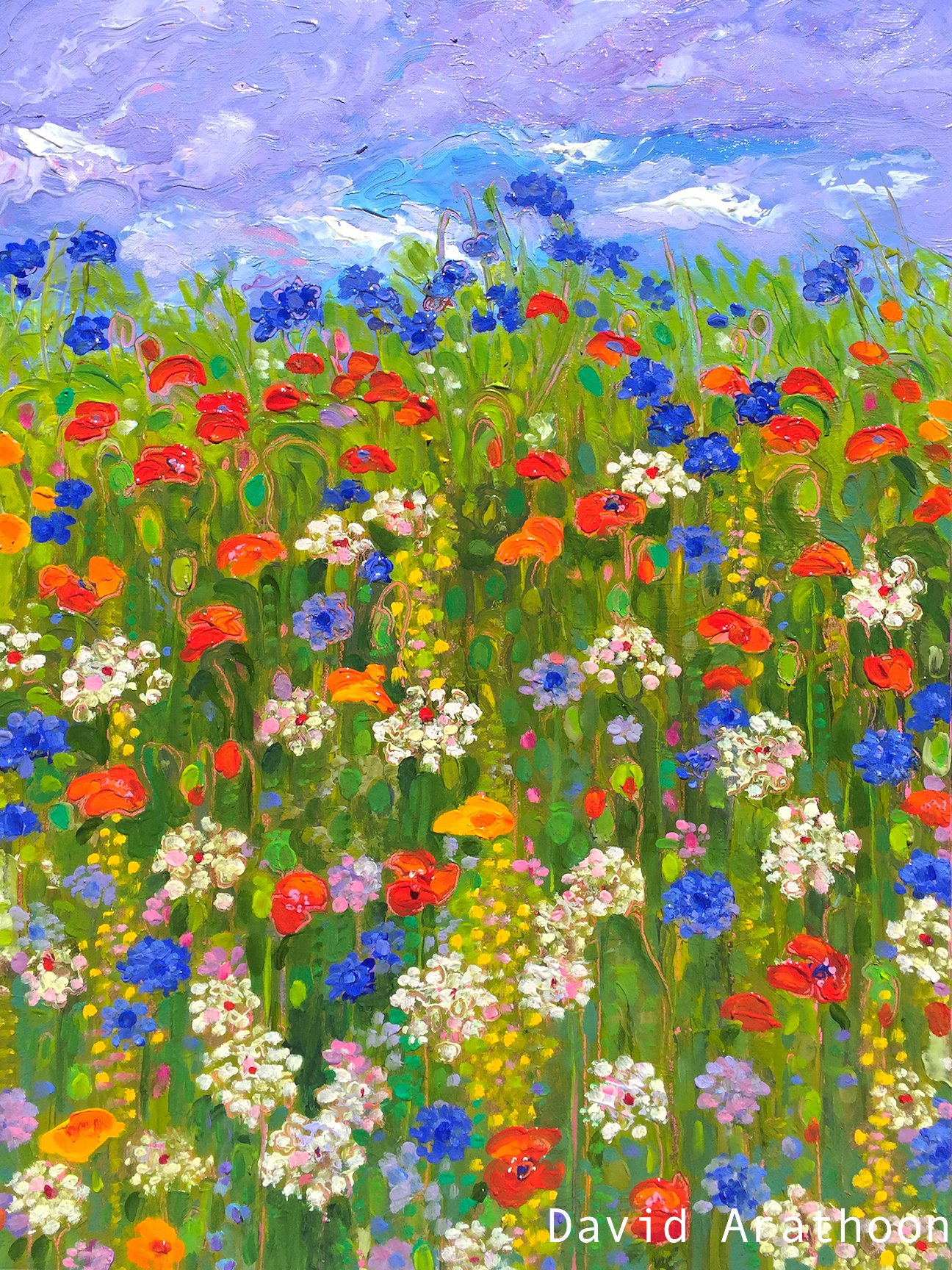 Wild flower oil painting featuring queen anne's lace, poppies and
