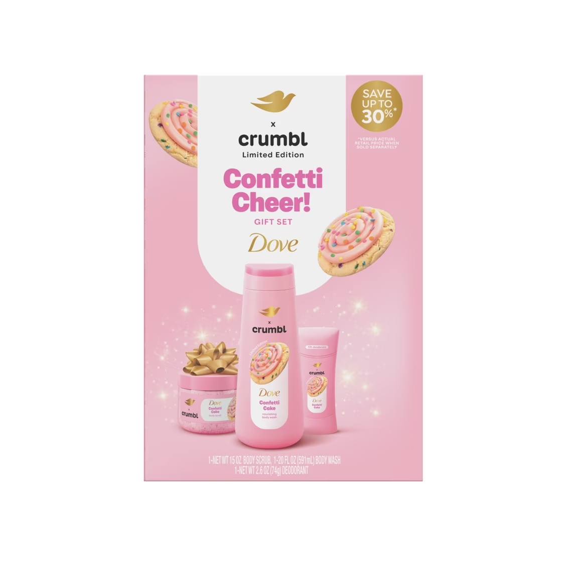 Dove x Crumbl limited edition confetti cake body care gift set