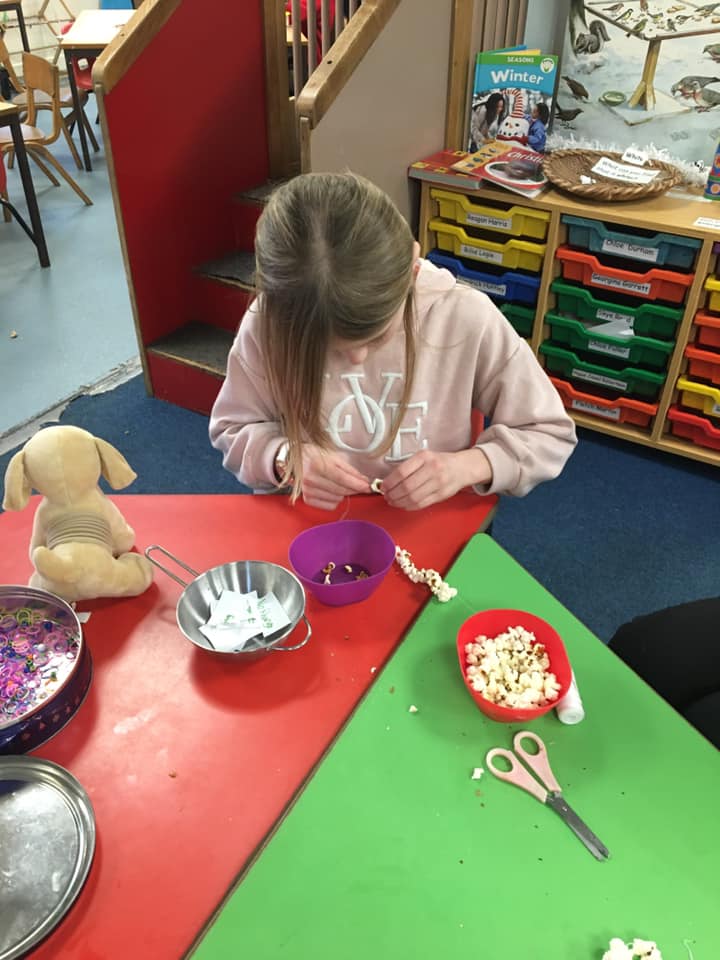 Threading popcorn to make bird... - Sticklebricks Pre-School | Facebook