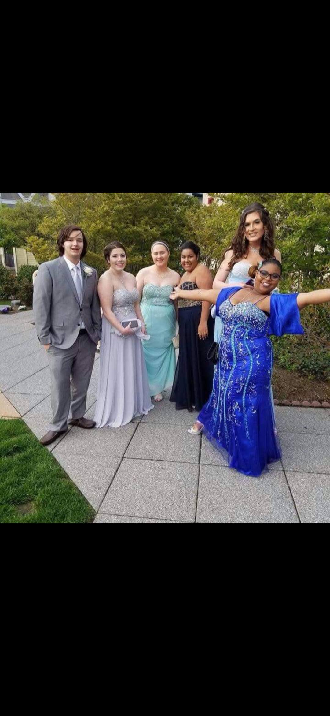 grey prom dress couple Edit senior pictures to remove others and feature in suit and dark blue June-26
