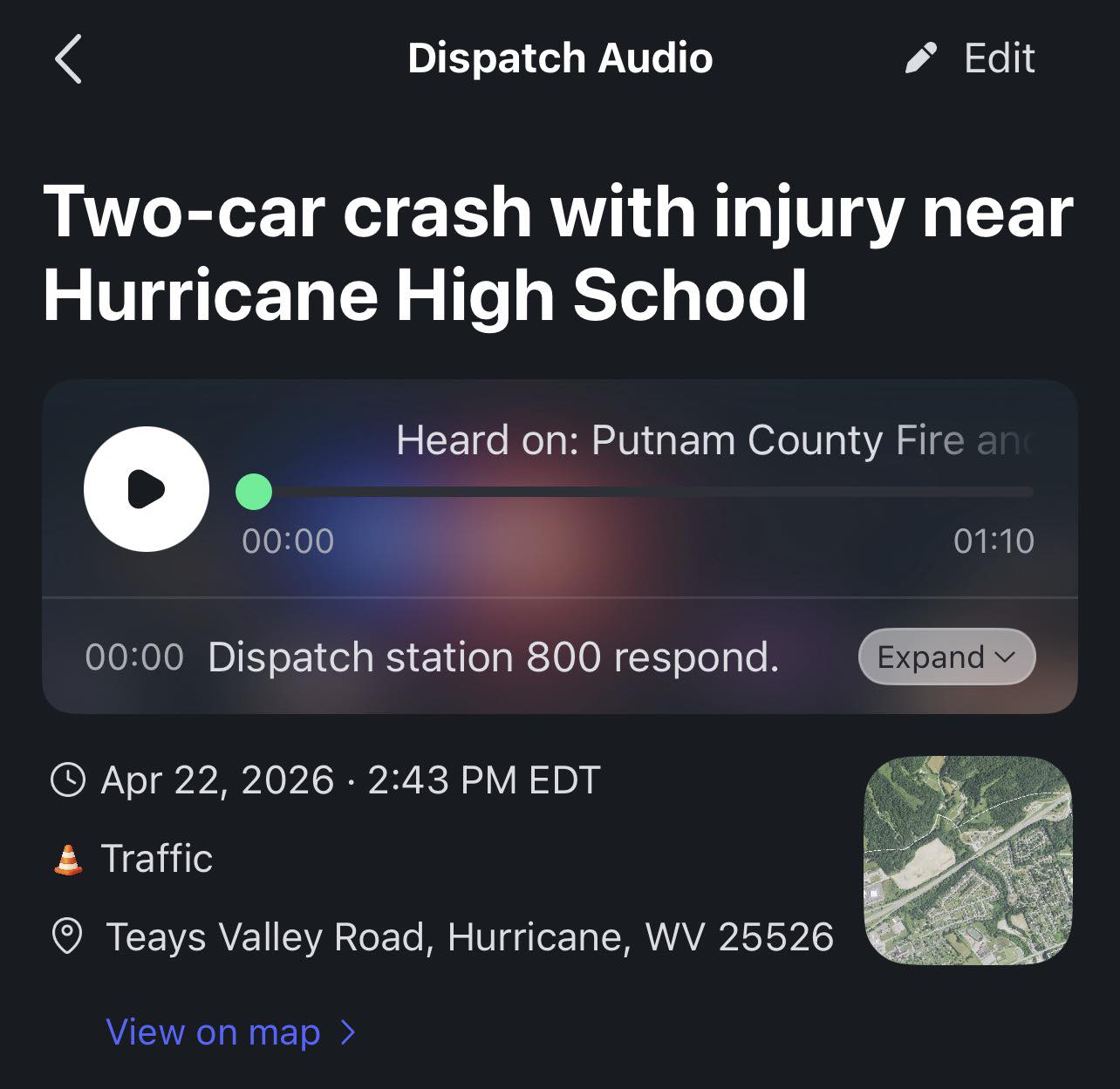 Accident near Hurricane, WV High School in Putnam County