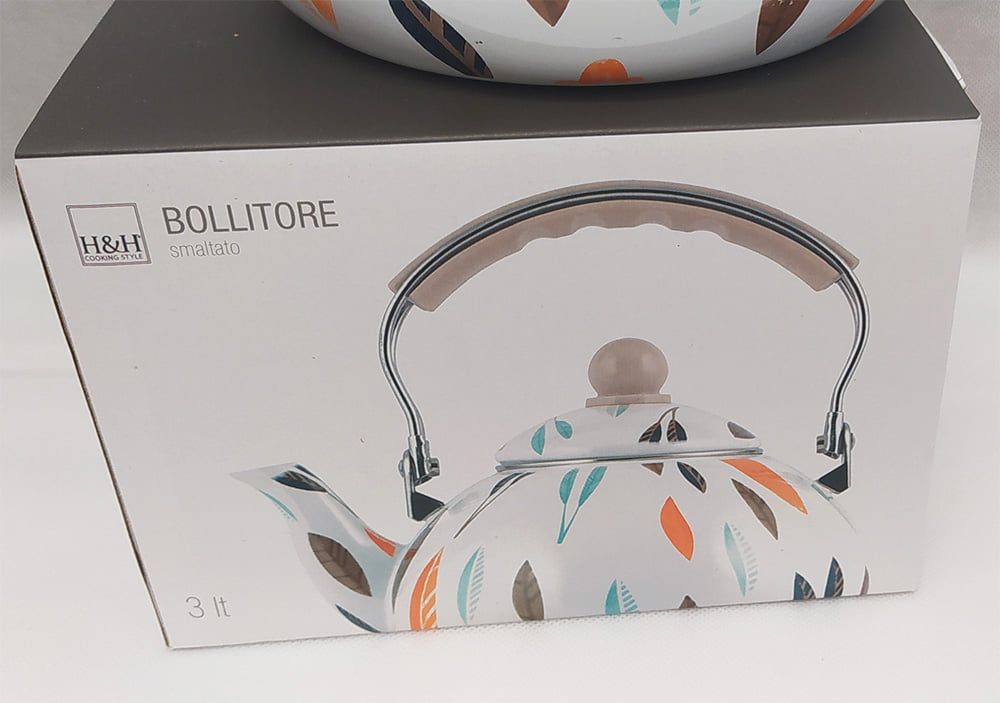 Bollitore in metallo smaltato decoro foglie blu 2 litri H&H