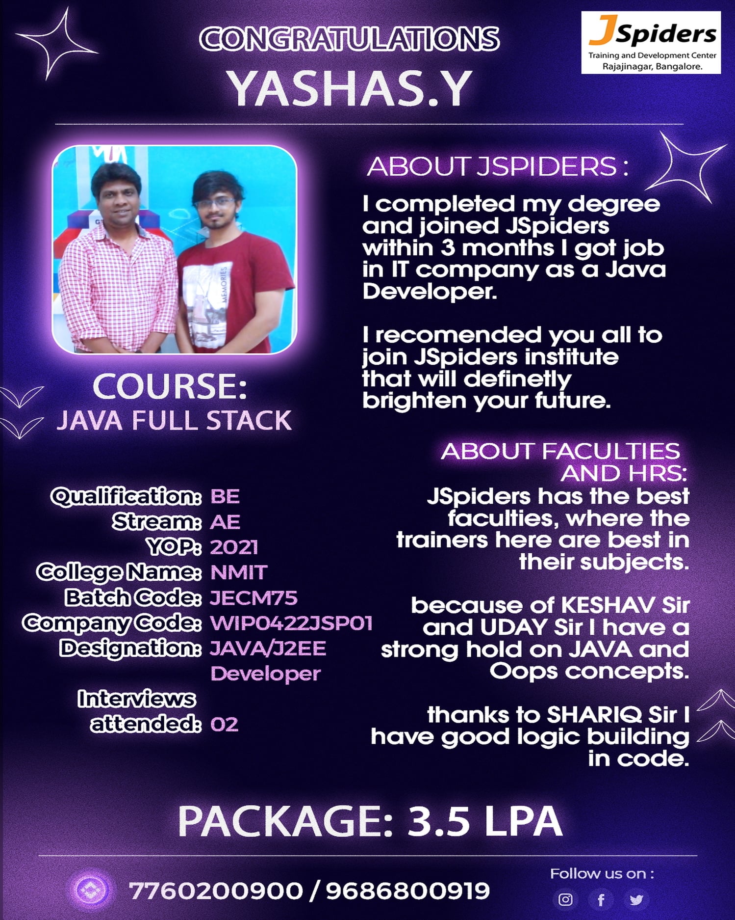 JSpiders - Congratulations & best wishes for YASHAS.Y getting placed as ...
