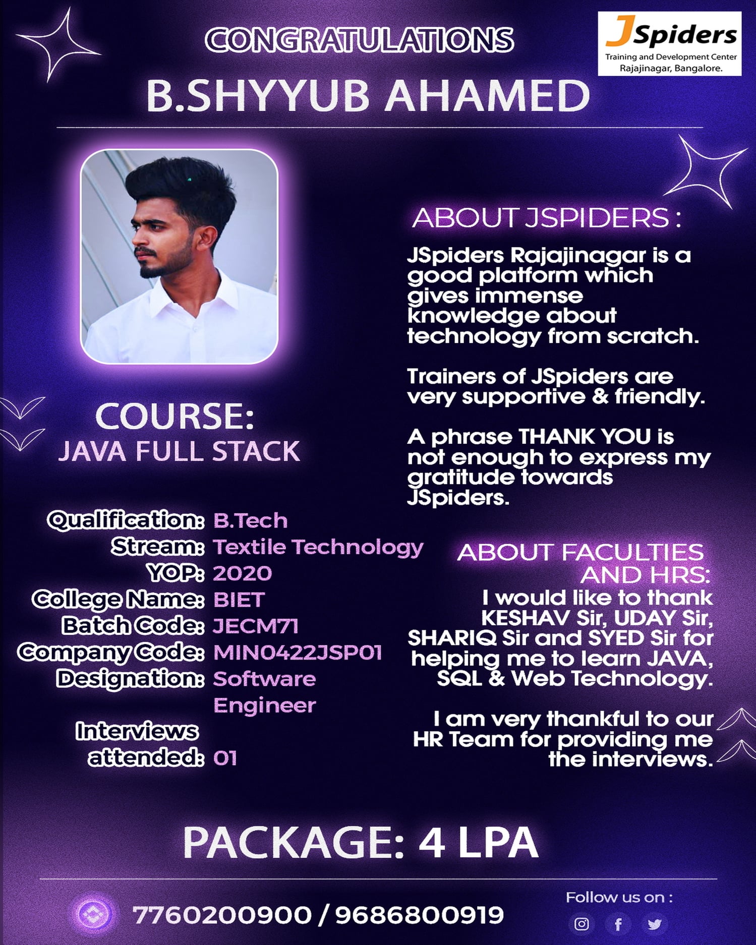 JSpiders - Congratulations & best wishes for B.SHYYUB AHAMED getting ...