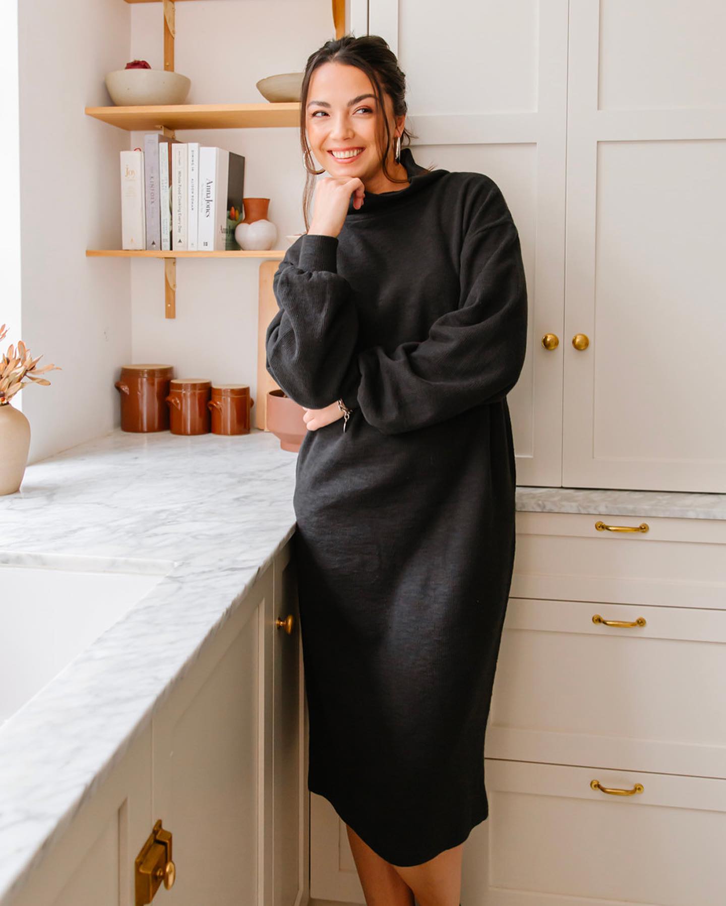 skims cozy knit sweater dress BACK IN STOCK! The sought after Robe is back and better than ever with two springtime colors Aqua + Rose Clay!. Shop now in sizes XXS-5X: https://skims.social/fb-cozy Photo: Kristen Jan Boucle robe skims