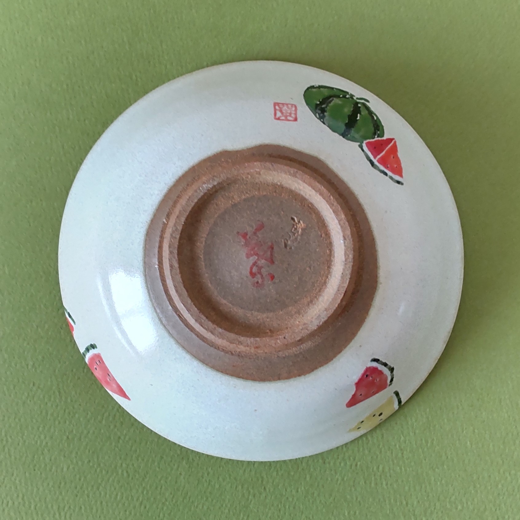 My work Flat Tea Bowl with watermelons スイカの抹茶茶碗 平茶碗に 