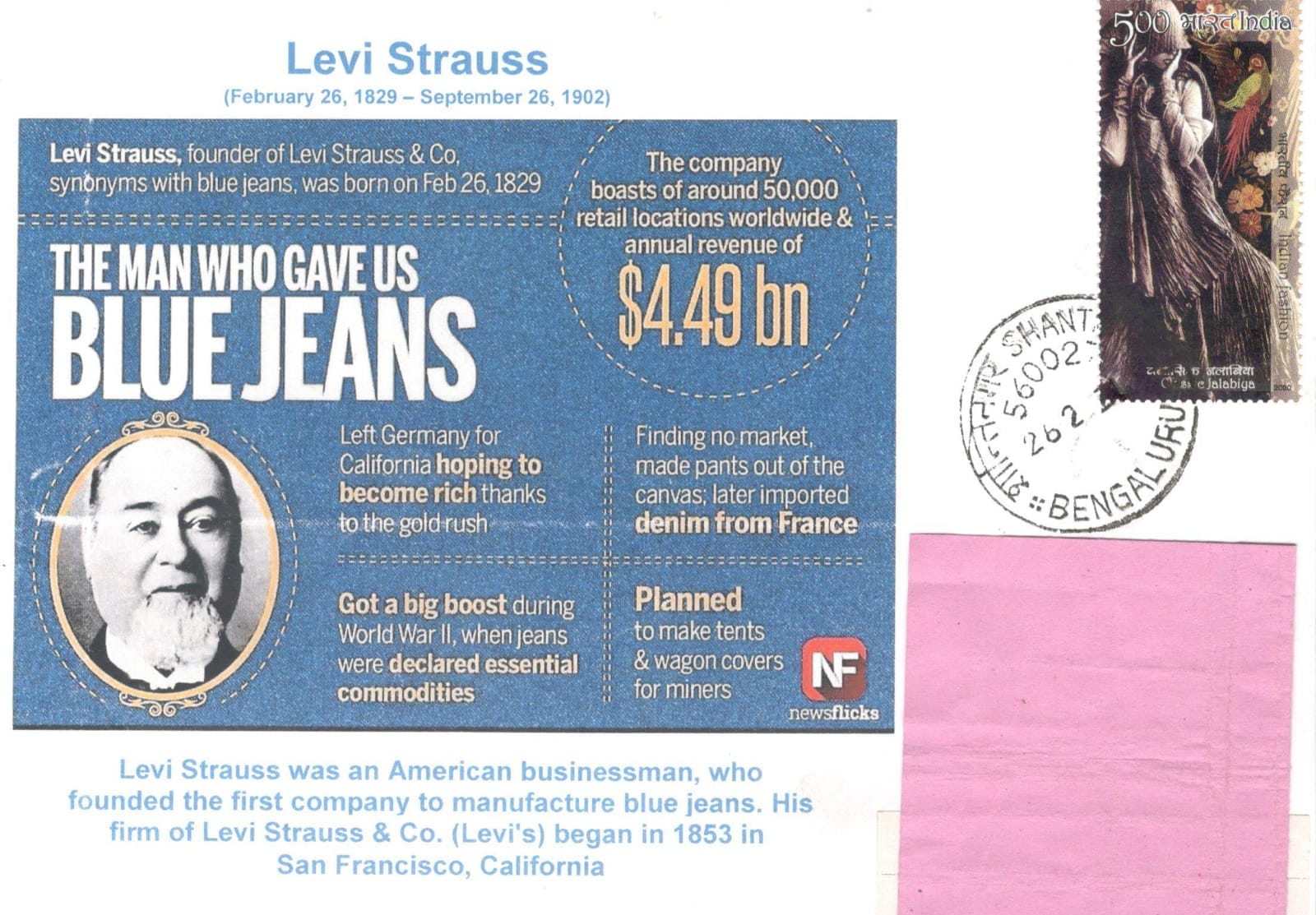 Levi Strauss, founder of Levi Strauss & Co., born on February 26, 1829