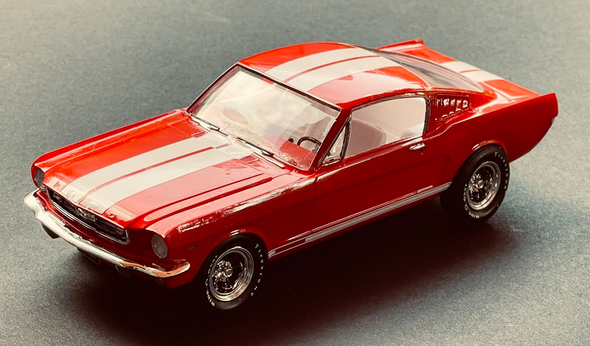 Finished AMT '66 Mustang Fastback model with Hell Drivers decals