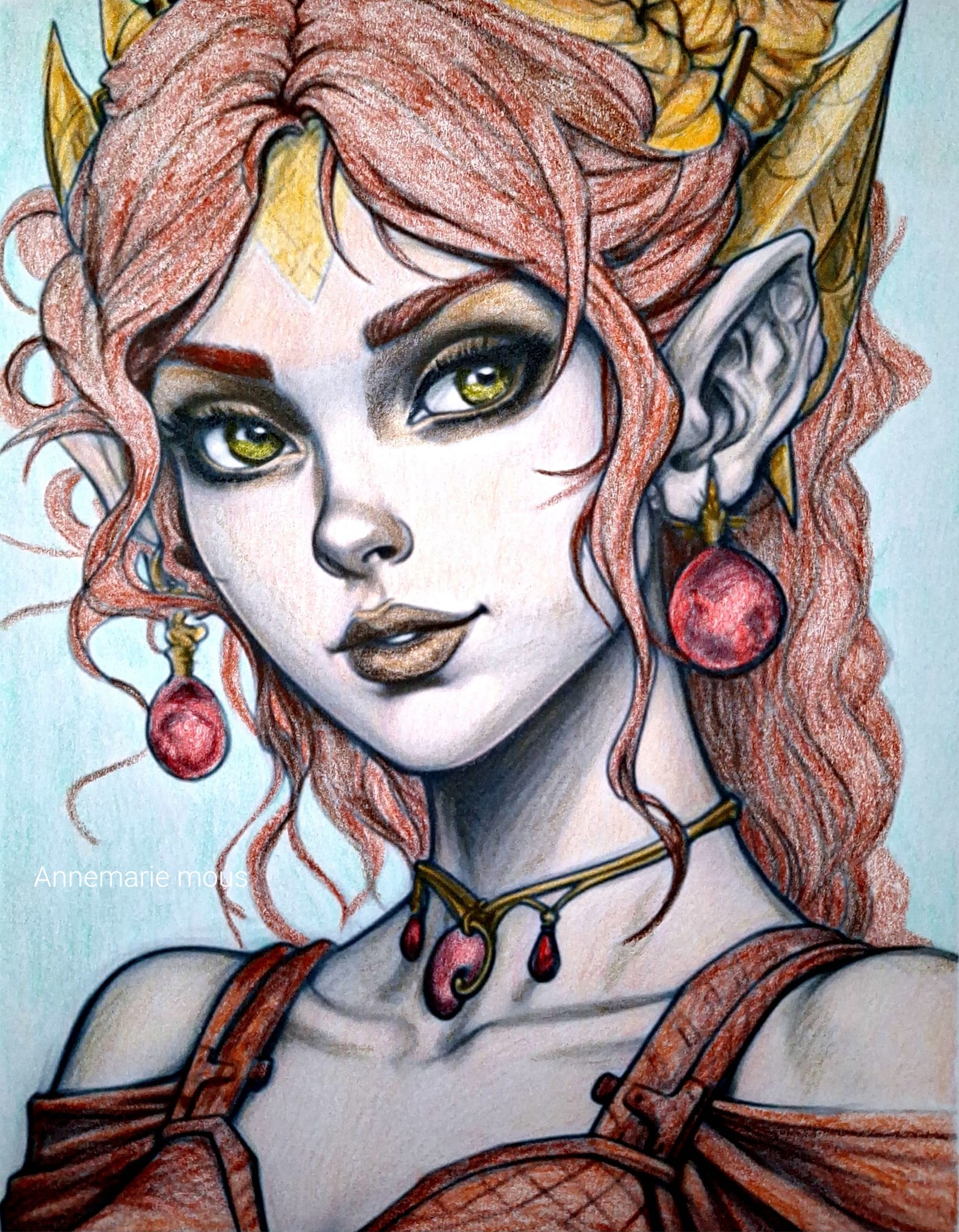 Adult coloring book page of elf princess with zentangle mask
