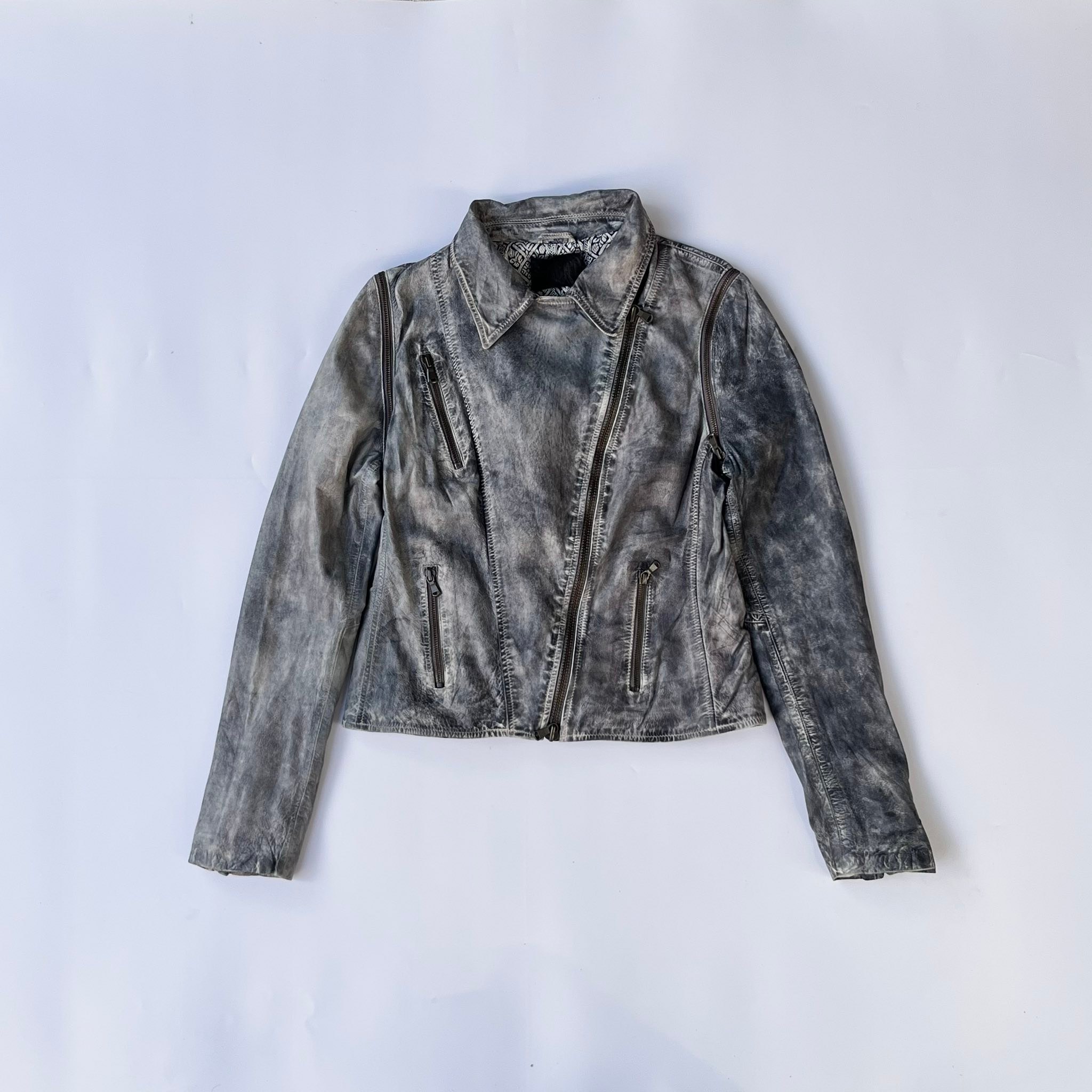ABBOT Washed Grey Leather Moto Jacket – Detachable Sleeves Size 