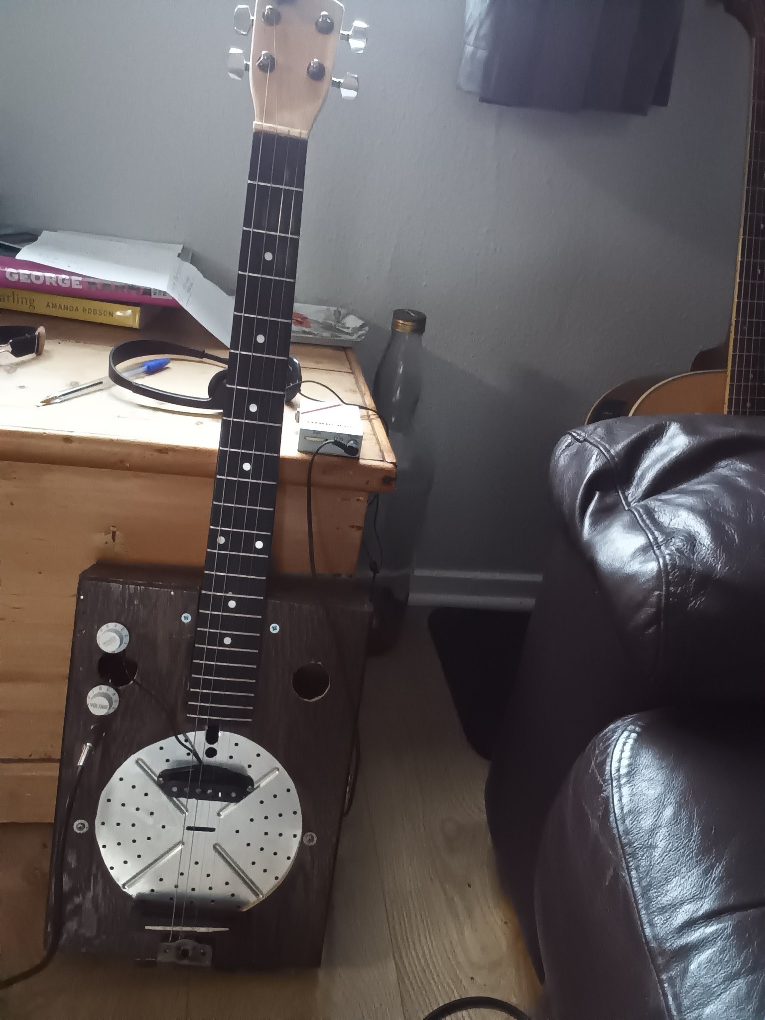 Cecil Whittaker's pizza box turned into an electric guitar