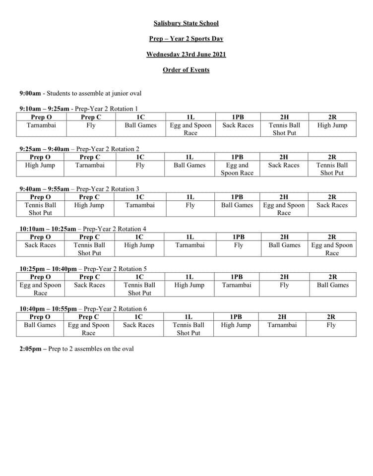 Please see the UPDATED sports day... - Salisbury State School | Facebook