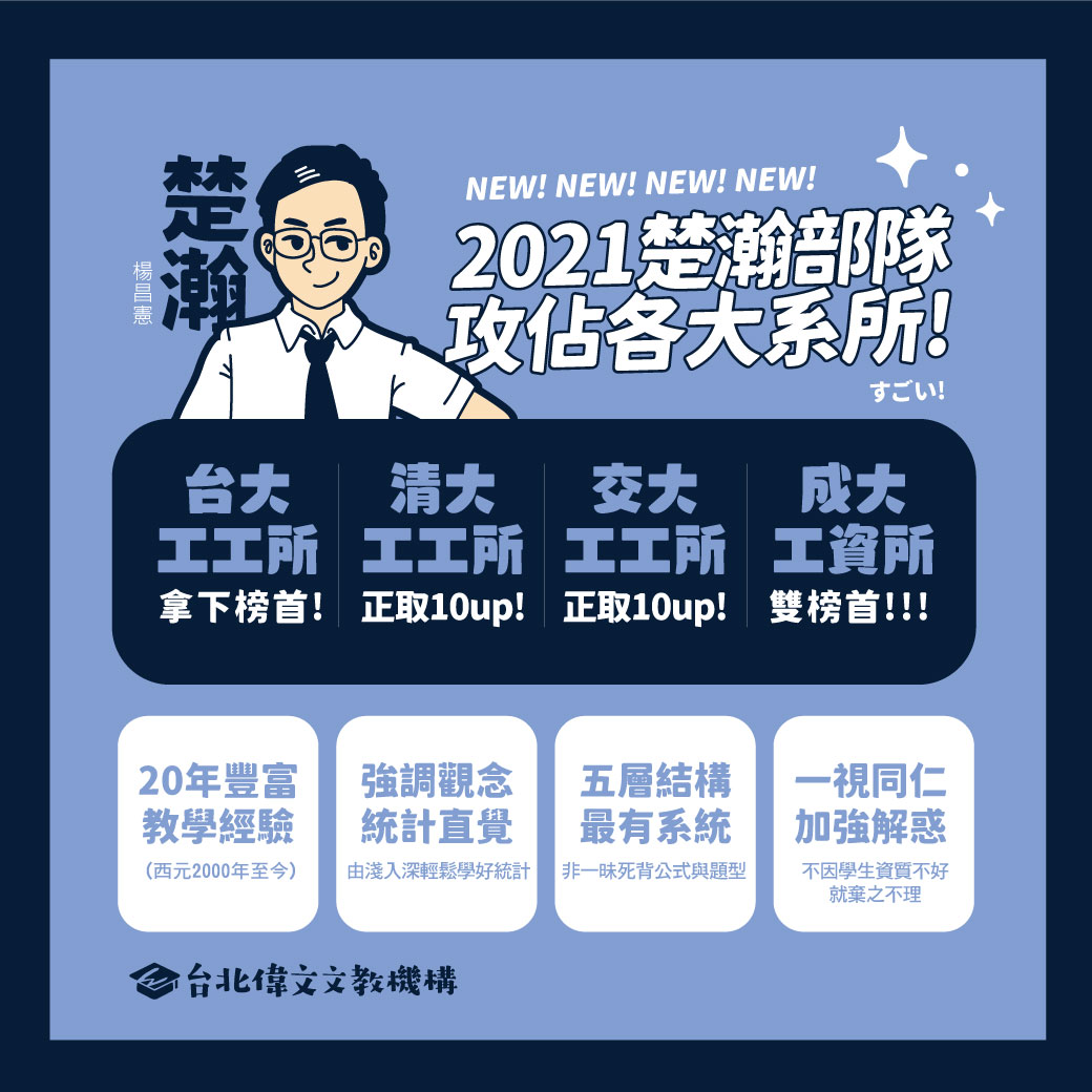 台北偉文研究所 楚瀚部隊聯合出征 2021攻佔各大工工所榜單帶著20年以上教學經驗強調觀念與統計直覺無懸念搶下台清交成榜單台大工工所