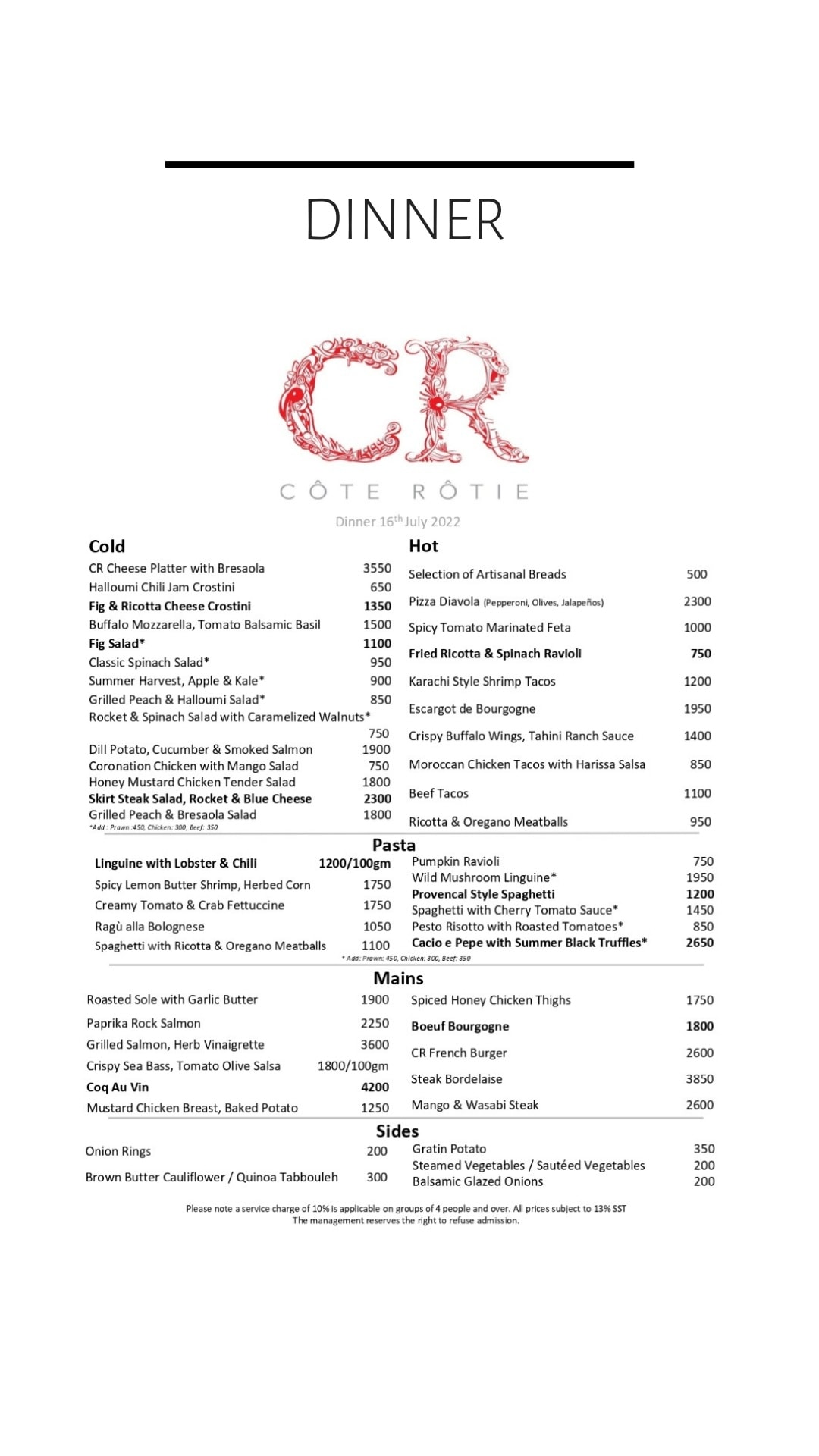 Côte Rôtie - Dinner Menu. Open for dine in, delivery &... | Facebook