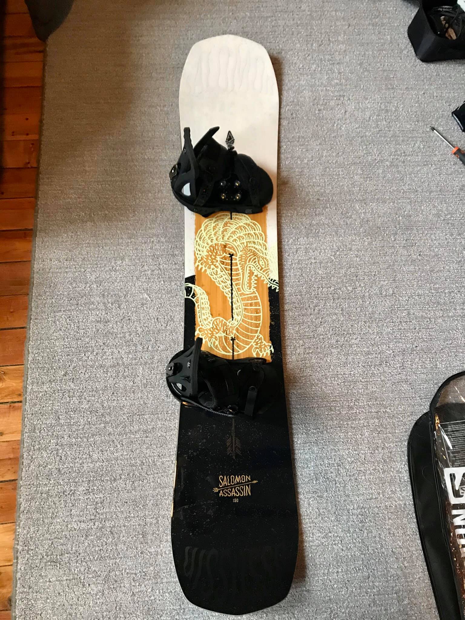 Salomon Assassin snowboard with Cartel bindings ready for the season
