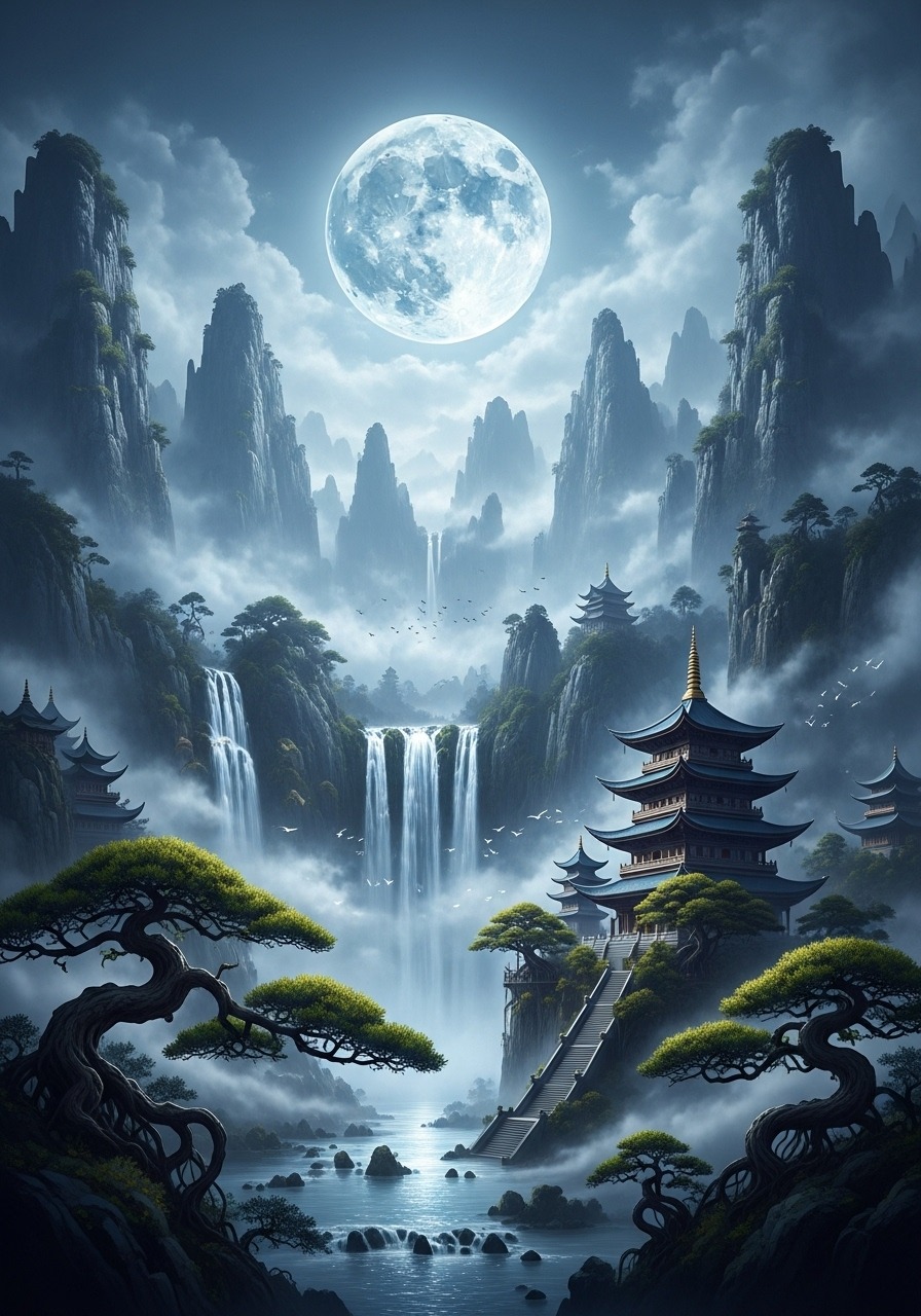 Modern chinese landscape painting with vivid colors