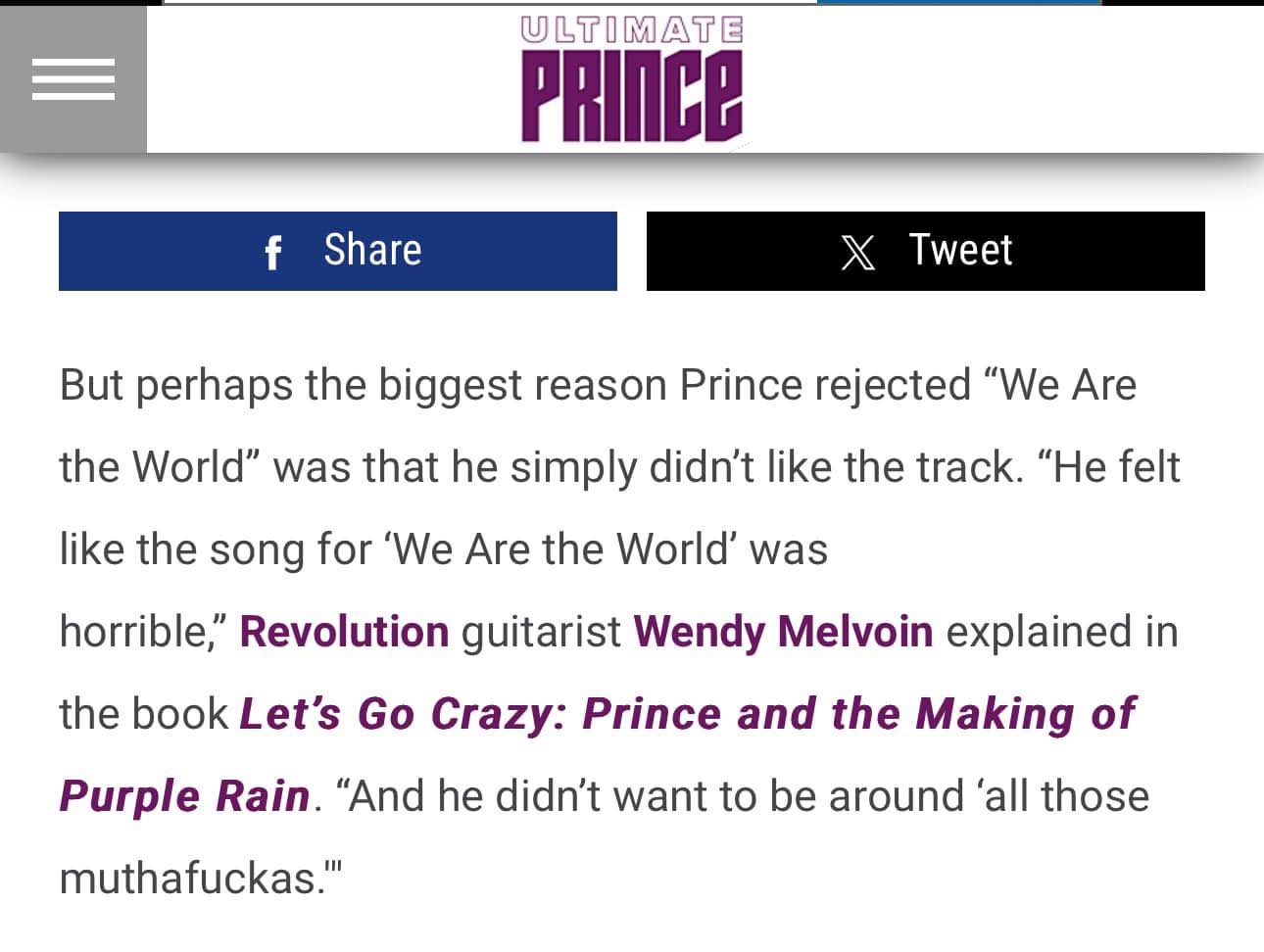 Prince refused to sing on 'We Are the World'