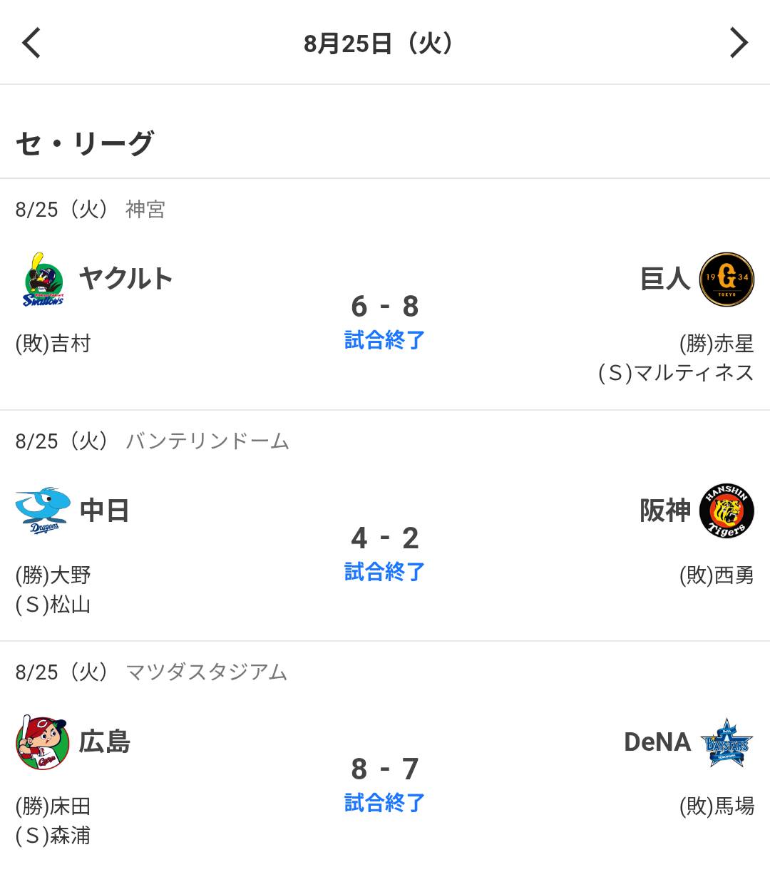 セリーグ 今日 の 試合 結果