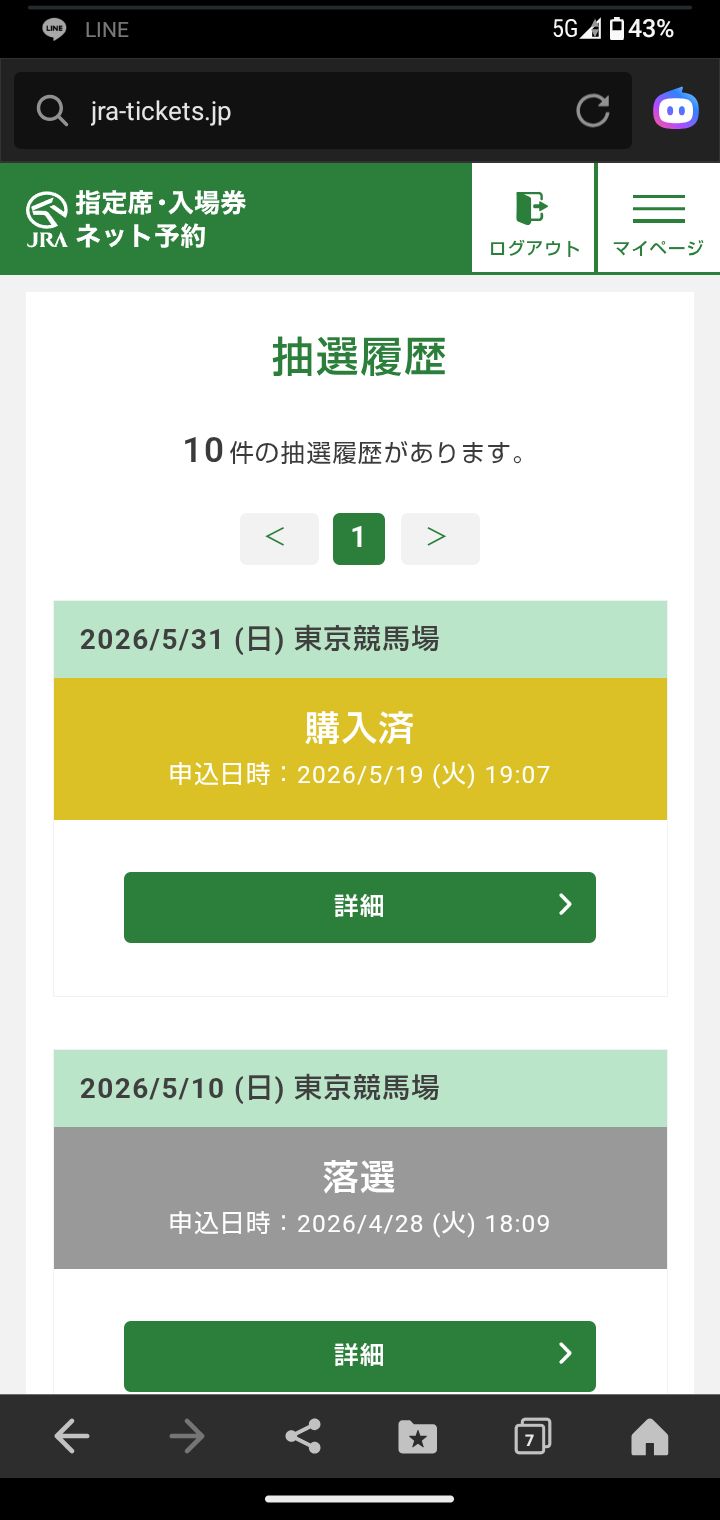 日本ダービーのS指定席当選したので、はじめてダービー観に行ける。