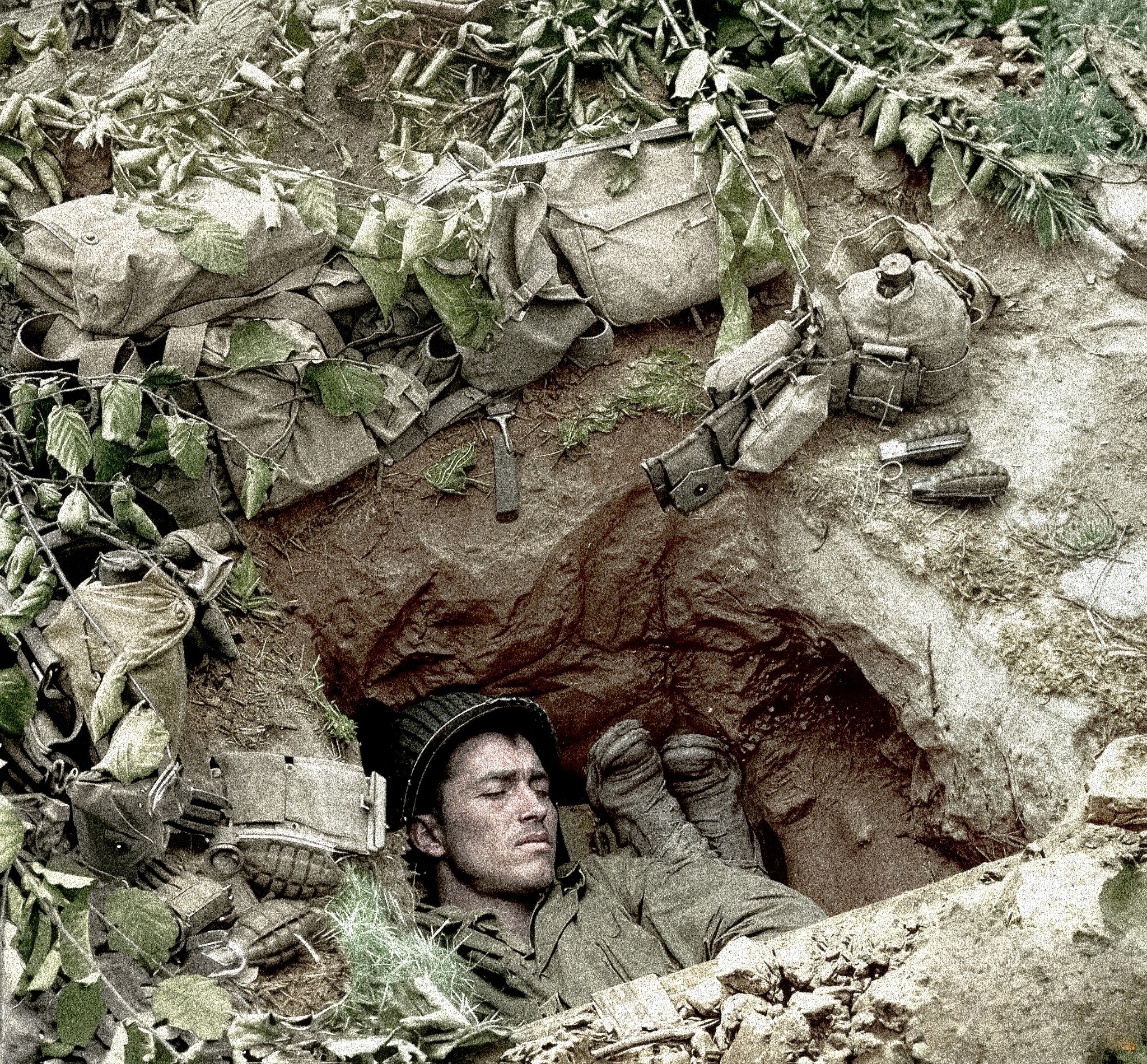 CH Inam - Two US infantrymen asleep in a fox-hole in Normandy, only ...