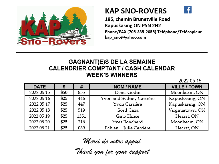 Kap Sno-Rovers - Congratulations to the May winners!