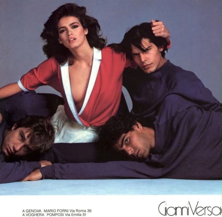Gia Carangi and male models in Gianni Versace's 1980 collection by