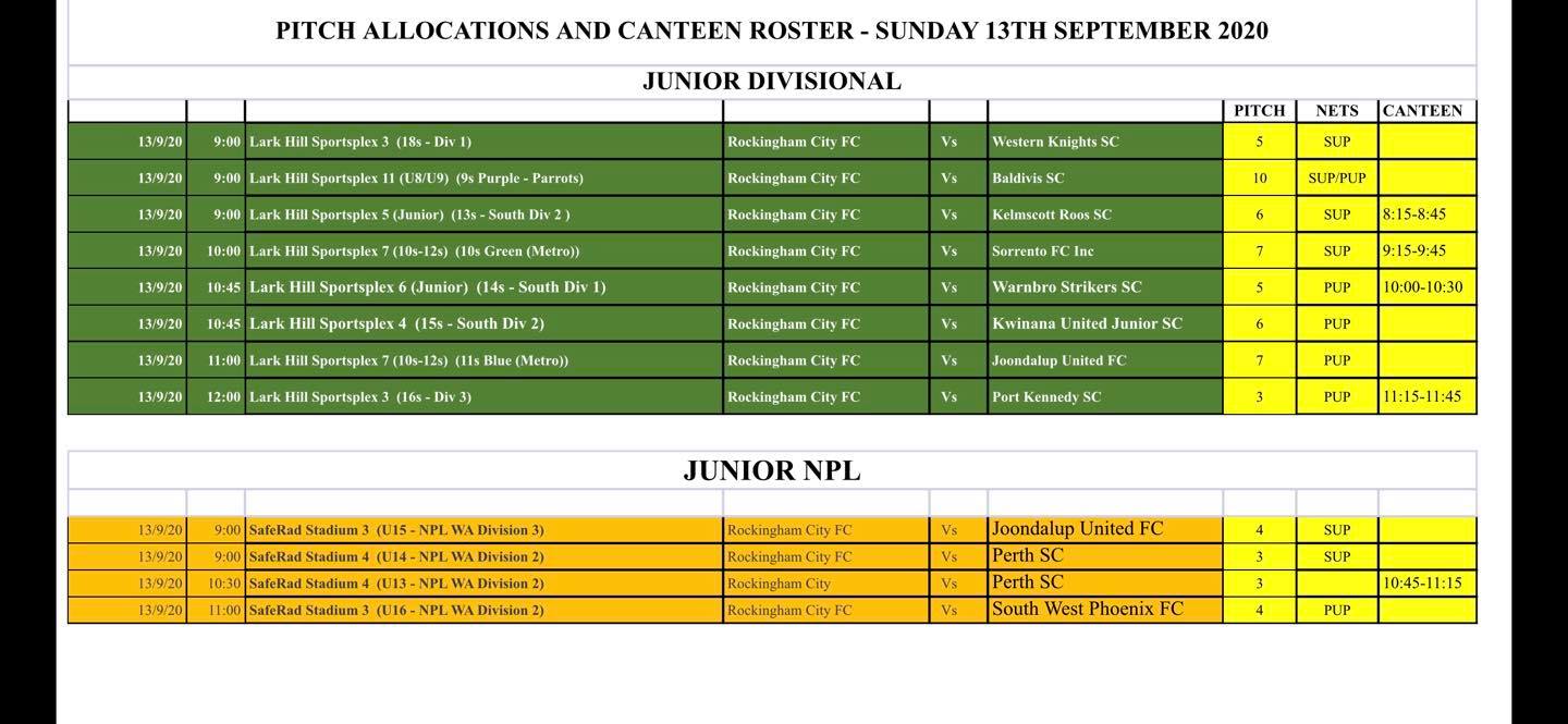 Rockingham - 💛💚⚽️Pitch Allocations & Canteen Roster⚽️💚💛 Here are the ...
