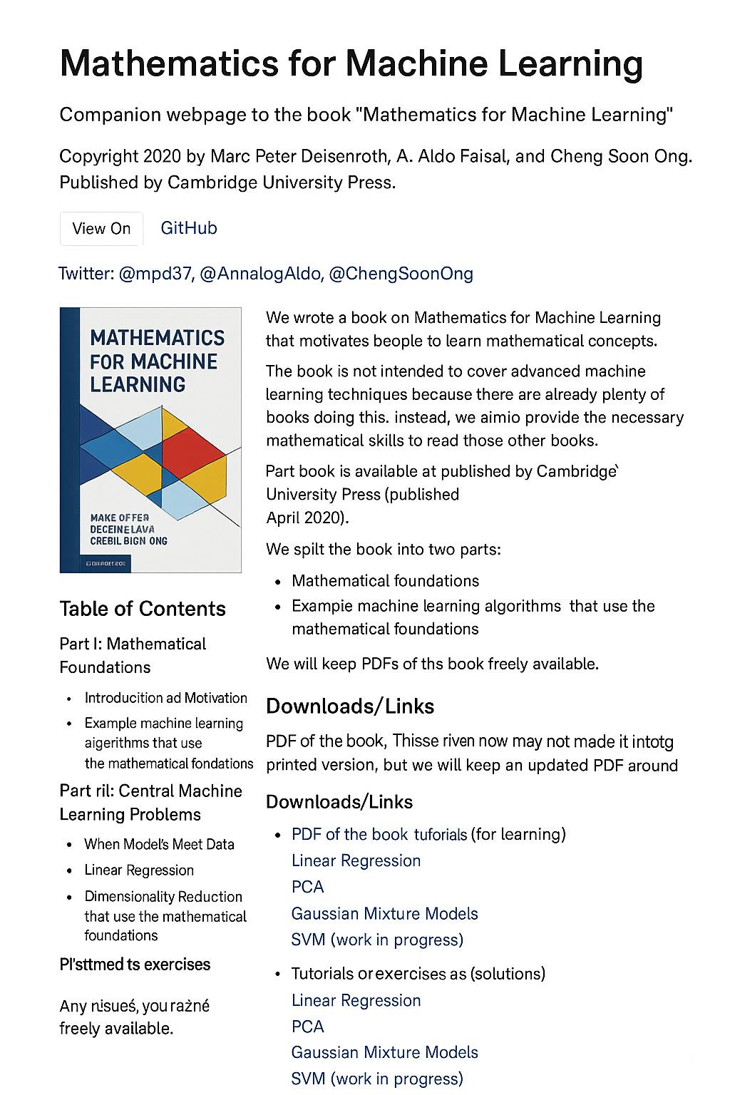 Mathematics for machine learning book overview