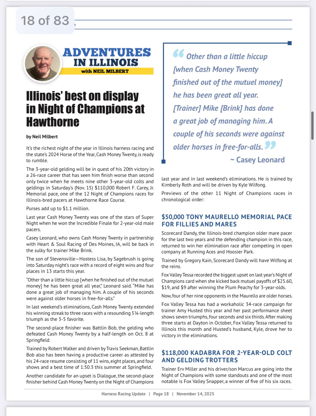 Neil Milbert Previews Illinois Night of Champions for Harness Racing ...