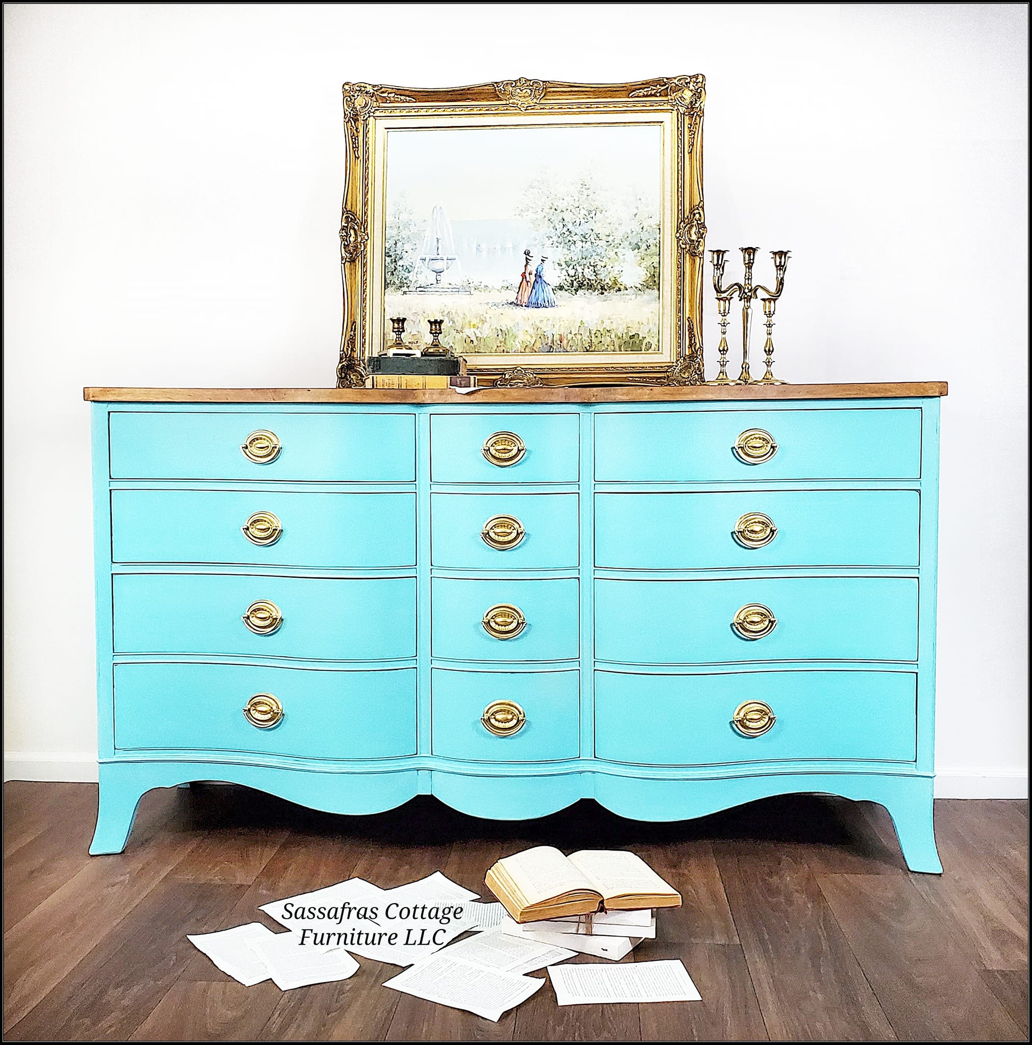 Custom turquoise dresser with jute handles