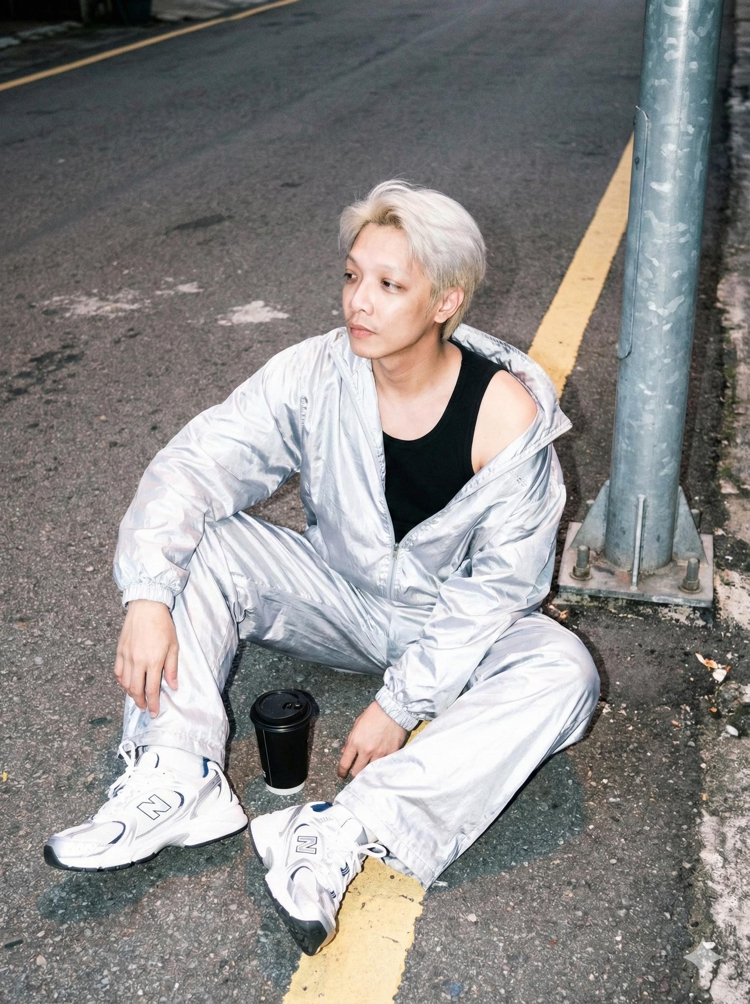 Young man in silver tracksuit on road