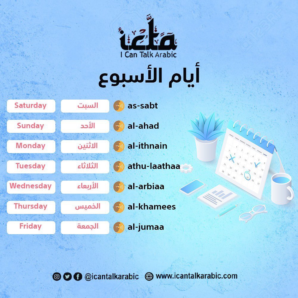 I Can Talk Arabic - Learn How To Say The Days Of The Week In Arabic. #Arabic #Arabian #Weekend #Weekendvibes #Weekendmood #Week #Day #Dayoff #Days #Dayout #Goodvibes #Goodday #Learn #Learning #Learningathome #Jeddah #