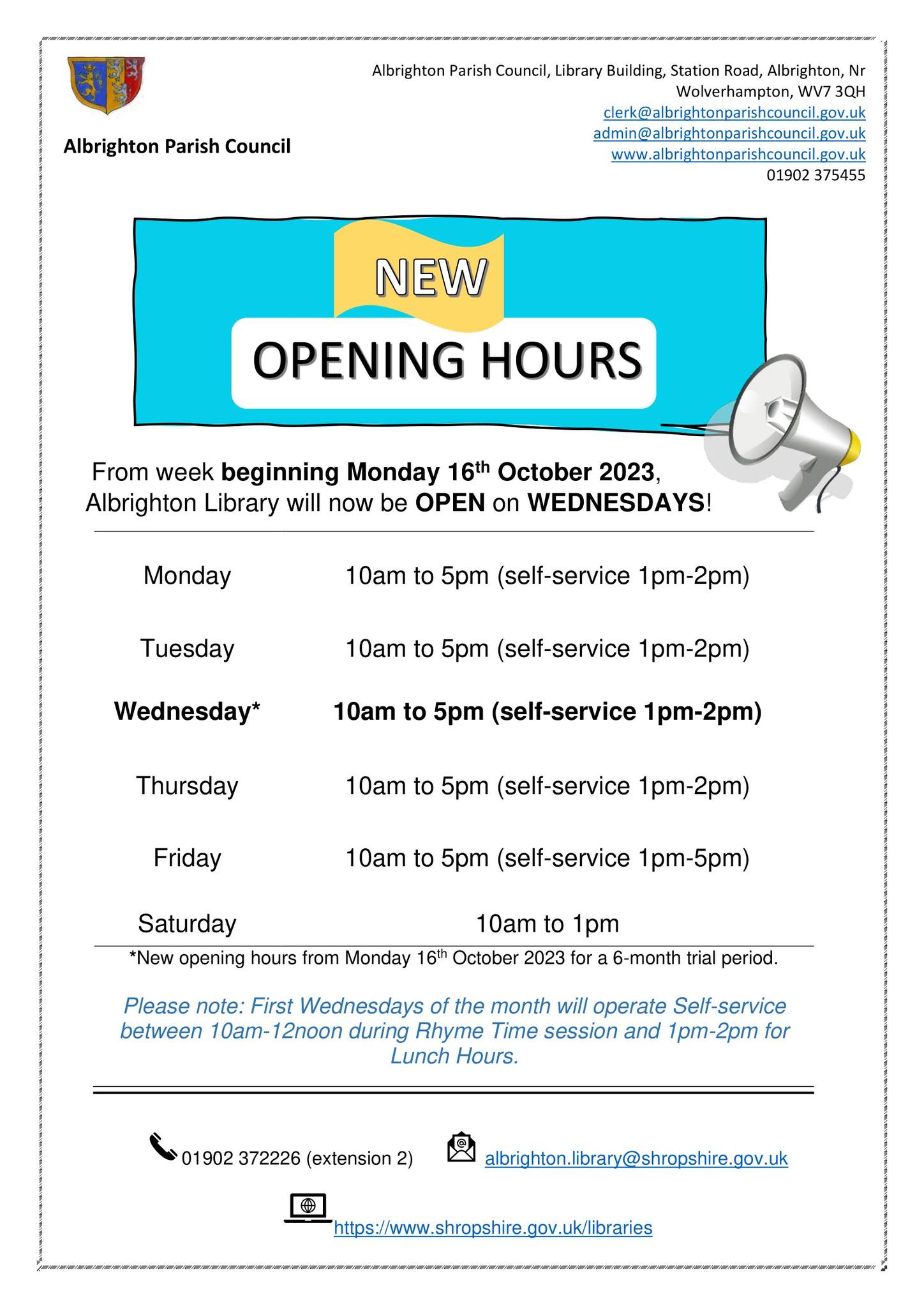 NEW OPENING HOURS... - Albrighton Parish Council and Library