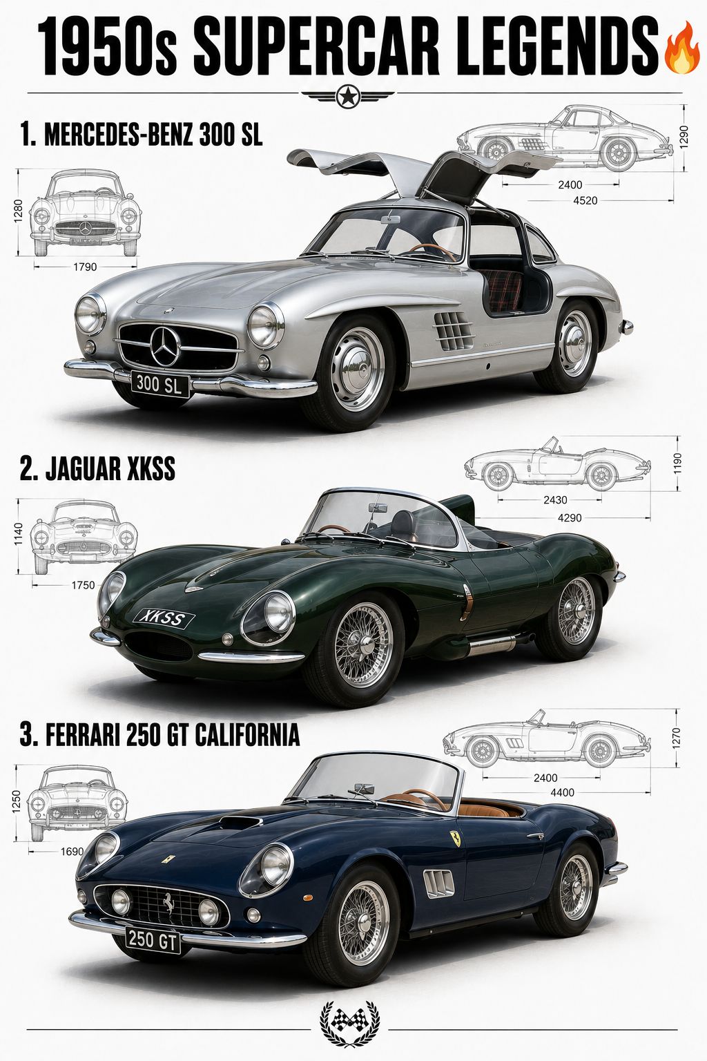 Mercedes-Benz SSKL とFerrari250GTの2点 The image features three iconic 1950s sports cars: the Mercedes