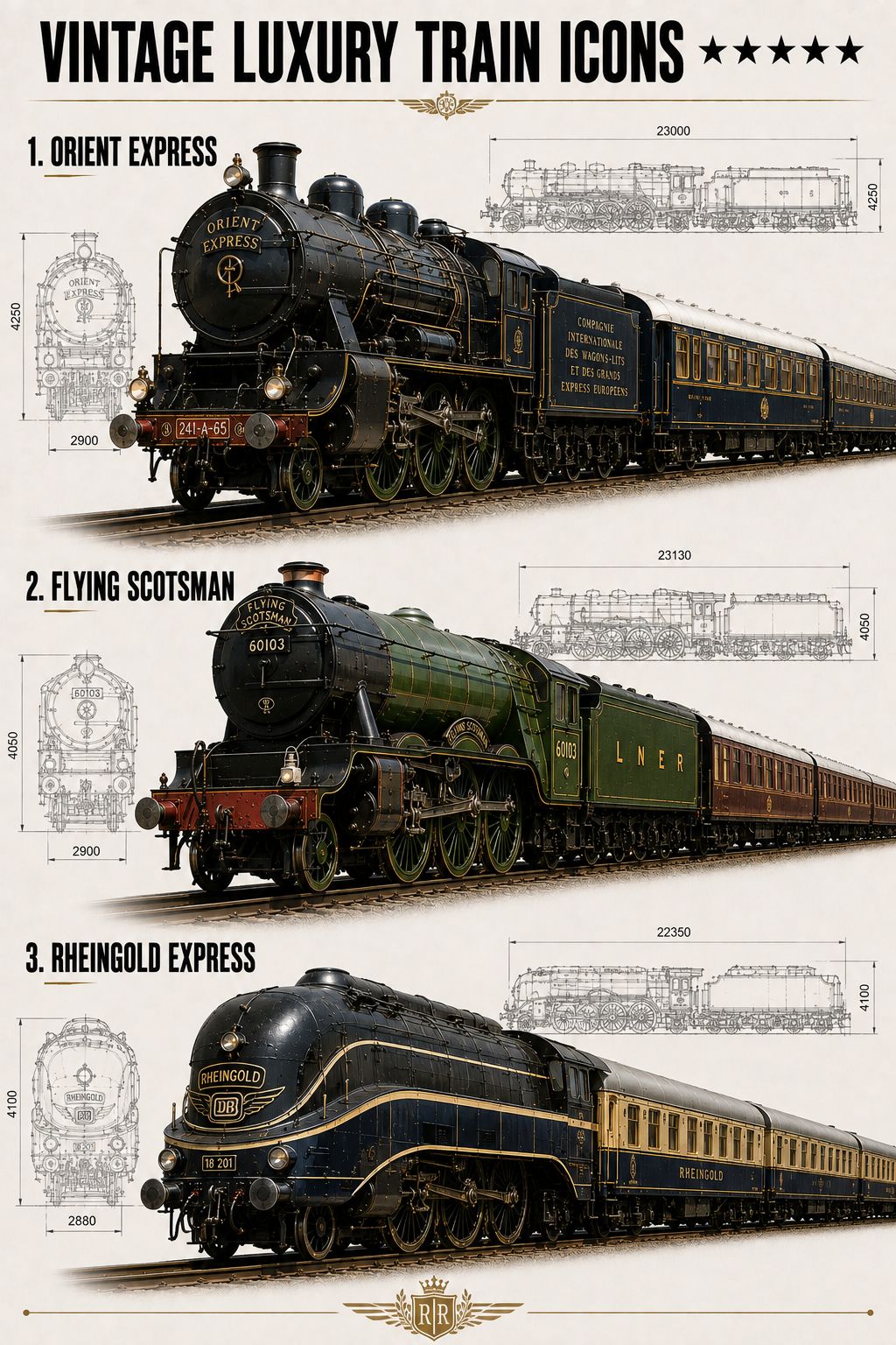 The poster displays three iconic vintage luxury trains with